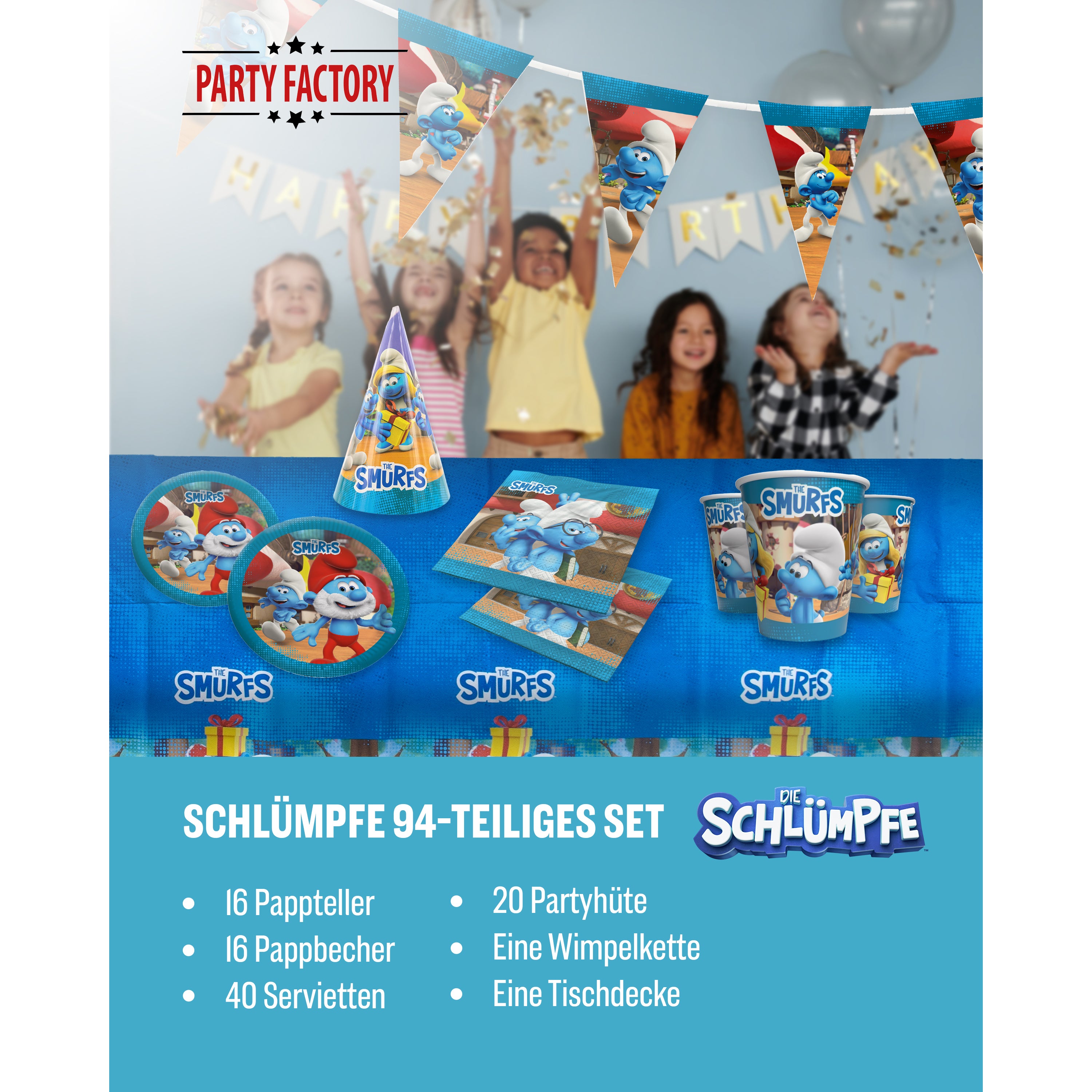 Die Schlümpfe 94-tlg. Party Set –  Deko mit Hüten Tischdecke Wimpel 2