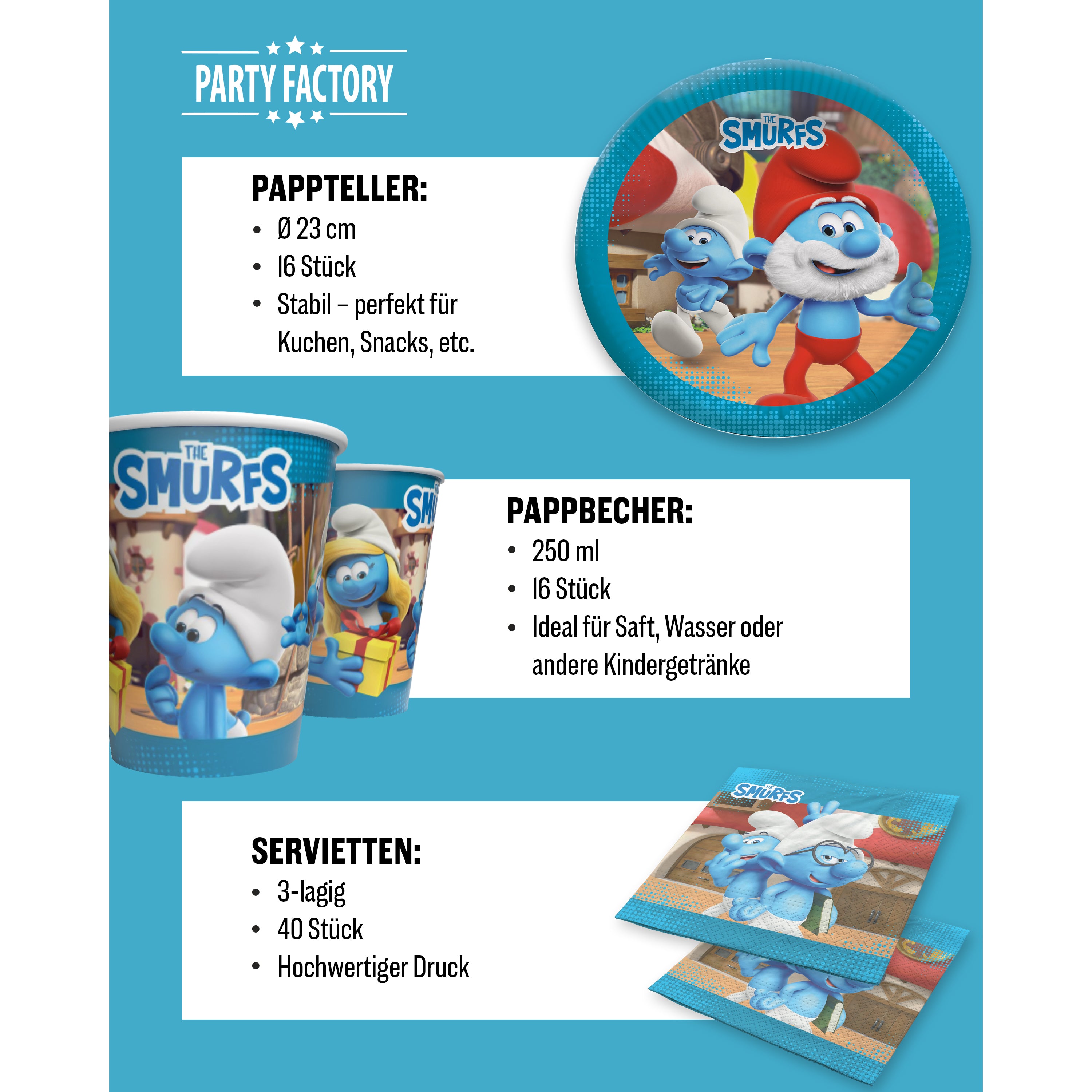Die Schlümpfe 94-tlg. Party Set –  Deko mit Hüten Tischdecke Wimpel 4