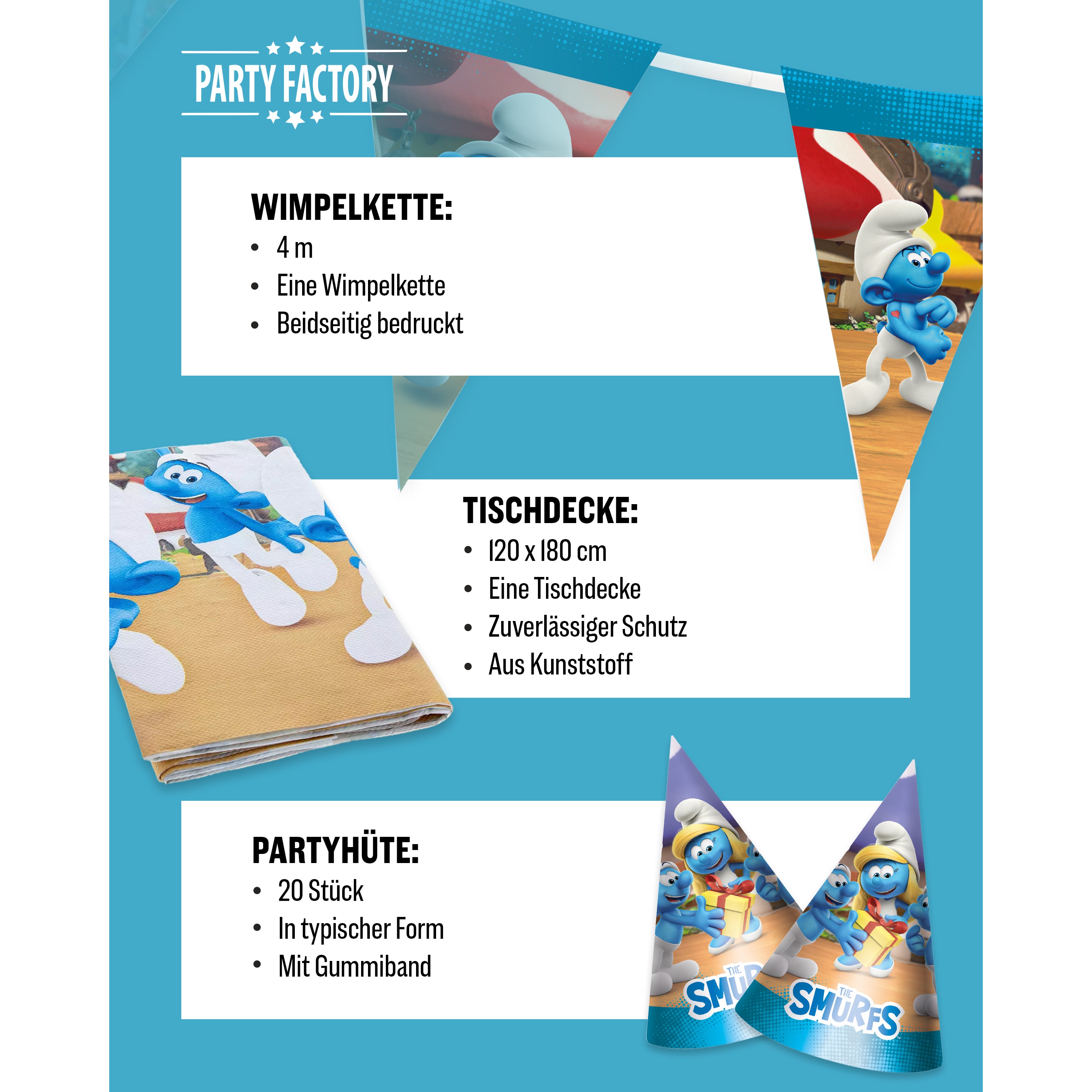 Die Schlümpfe 94-tlg. Party Set –  Deko mit Hüten Tischdecke Wimpel 5