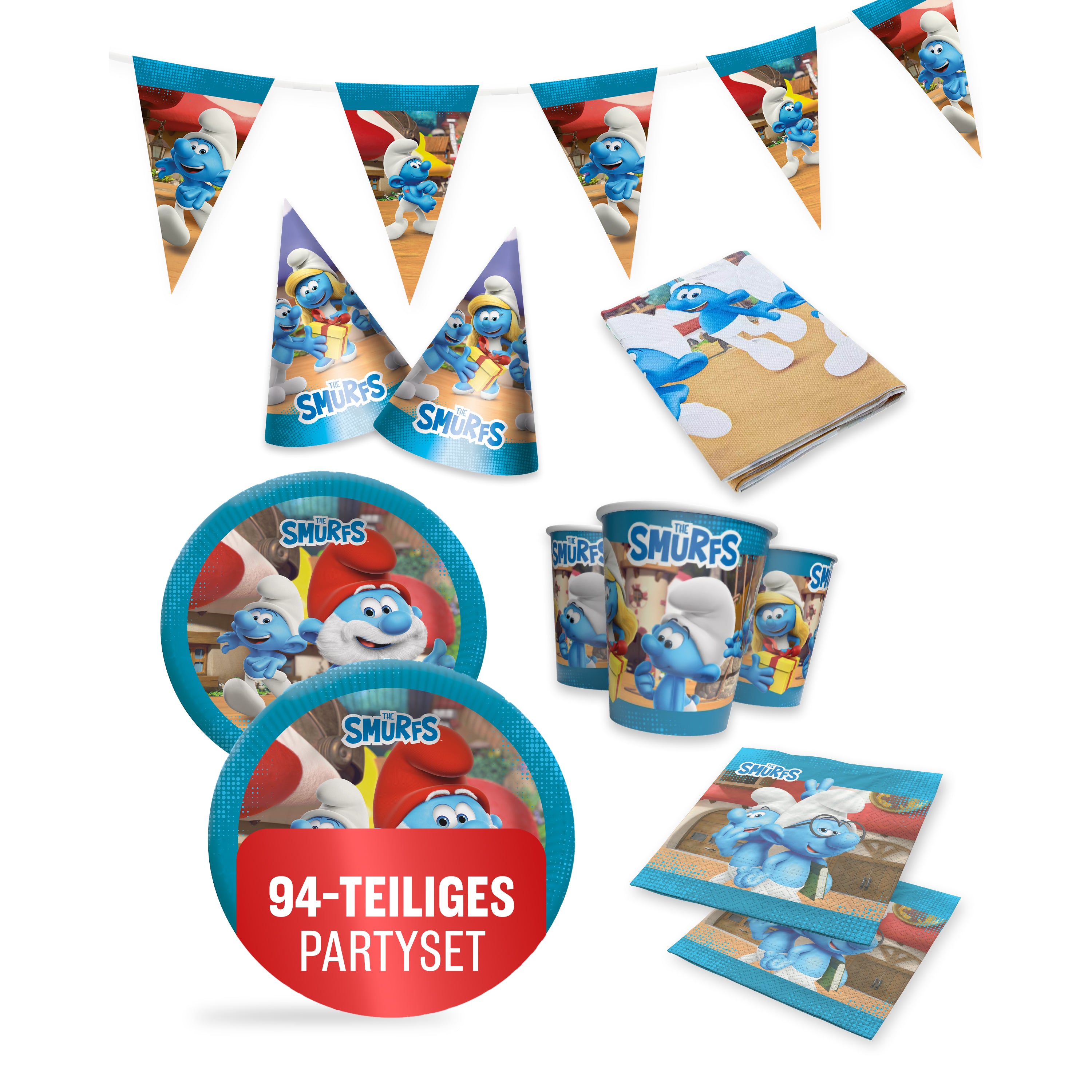 Die Schlümpfe 94-tlg. Party Set –  Deko mit Hüten Tischdecke Wimpel