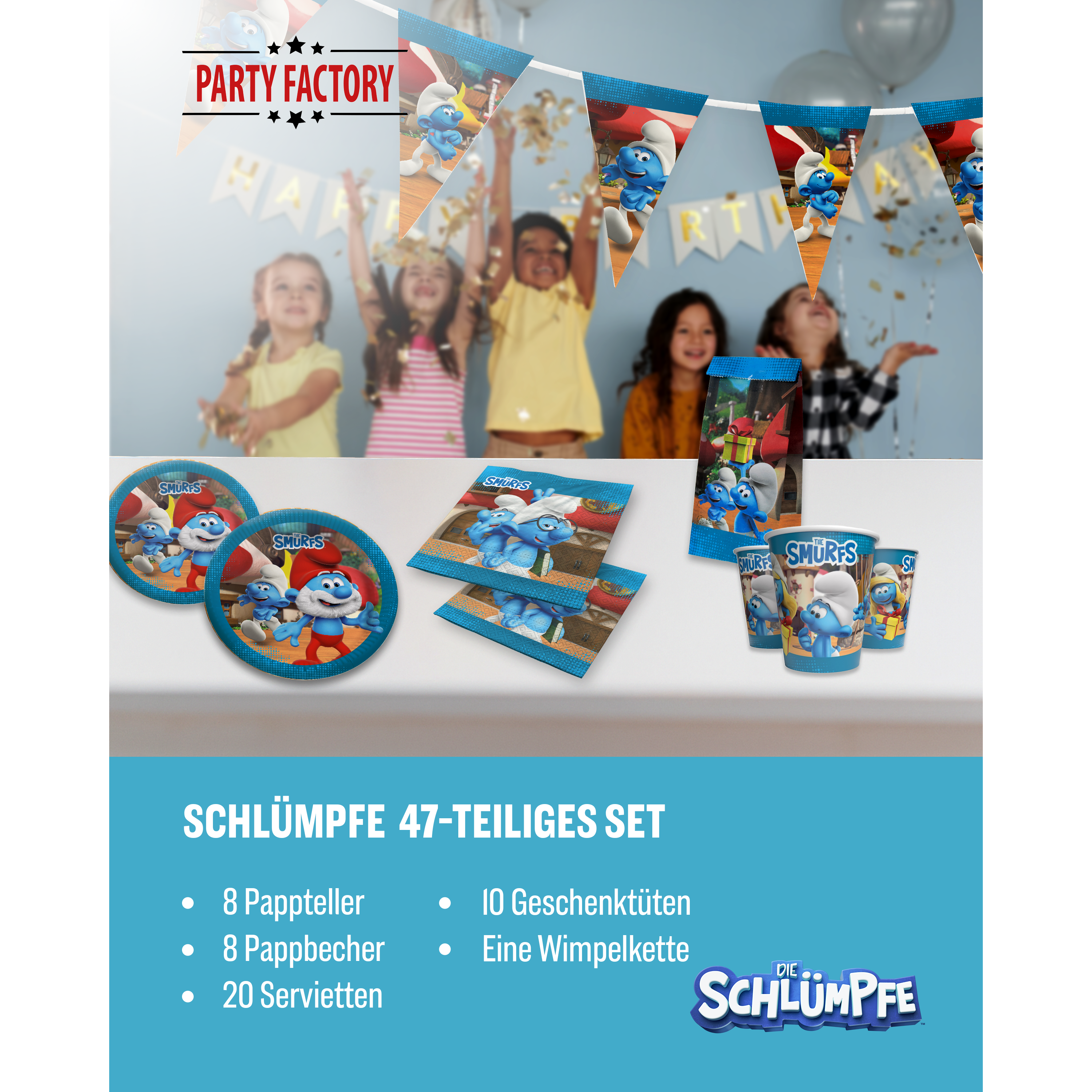 Die Schlümpfe 47-tlg. Party Set – Deko mit Bechern Tellern Tüten 2