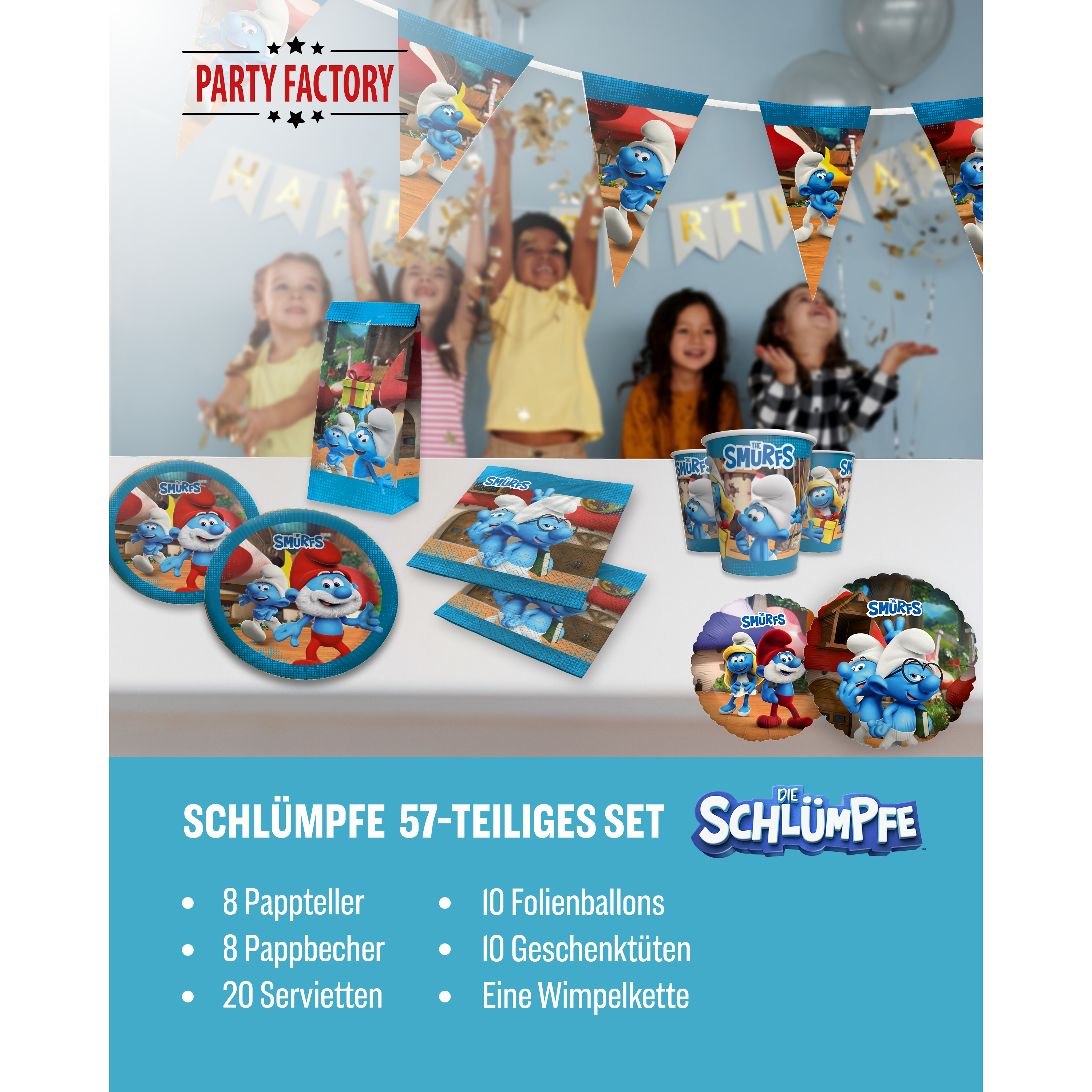 Die Schlümpfe 57-tlg. Party Set – Geburtstag Deko mit Folienballons Tüten 2