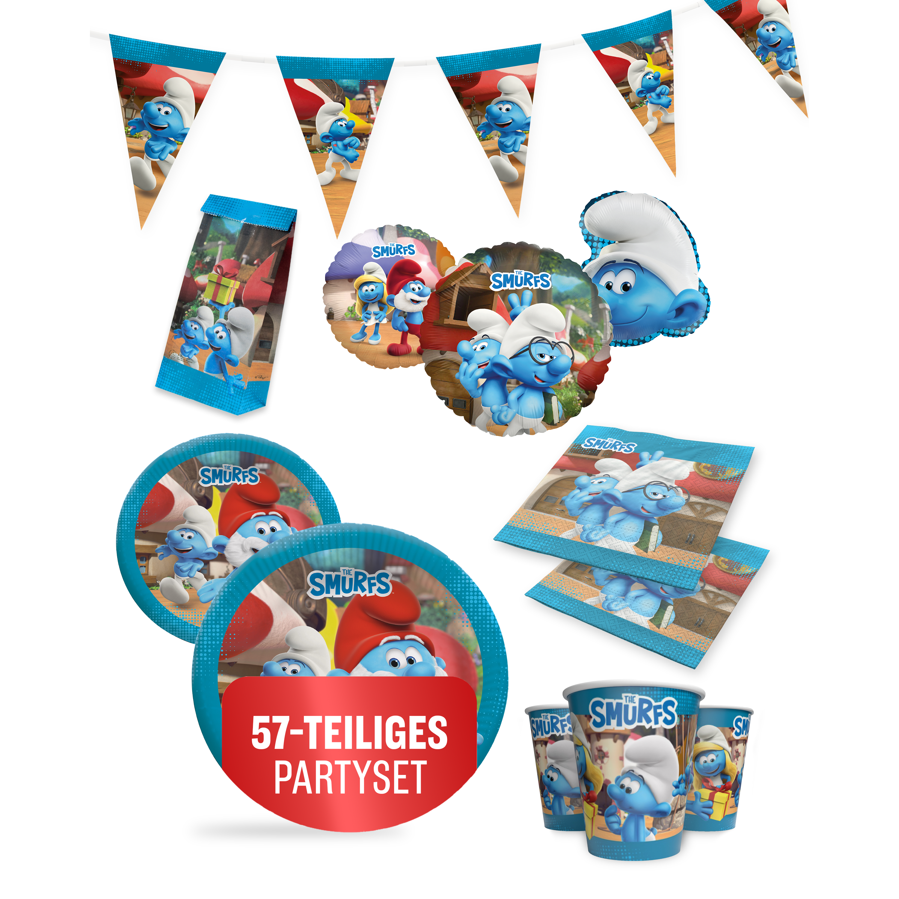 Die Schlümpfe 57-tlg. Party Set – Geburtstag Deko mit Folienballons Tüten