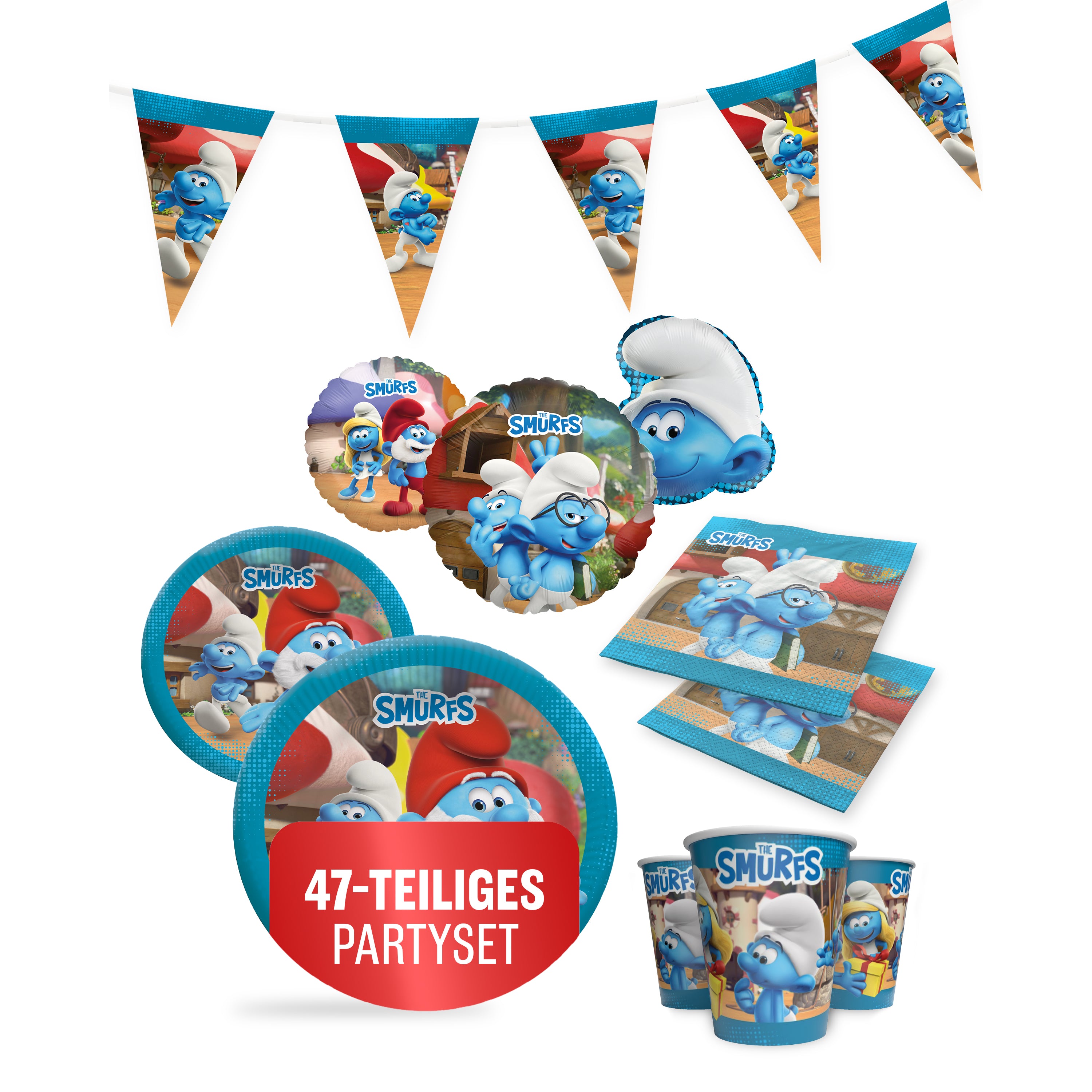 Die Schlümpfe 47-tlg. Party Set – Deko mit Ballons Wimpel Servietten