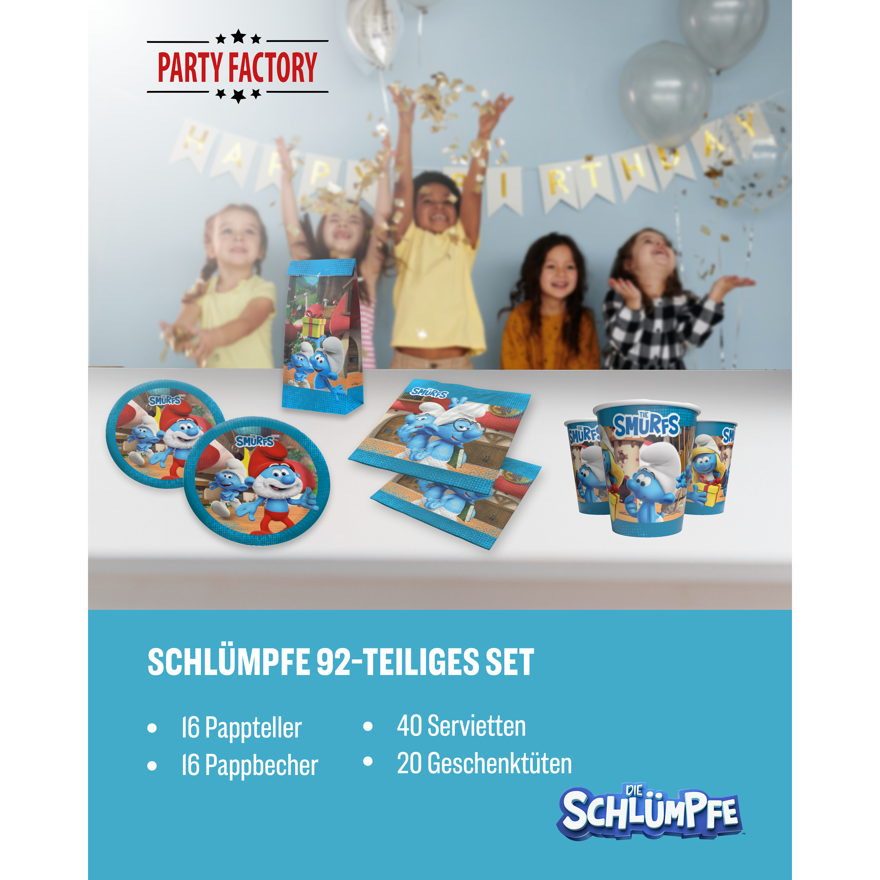 Die Schlümpfe 92-tlg. Party Set – Deko mit Bechern Tellern Tüten 2