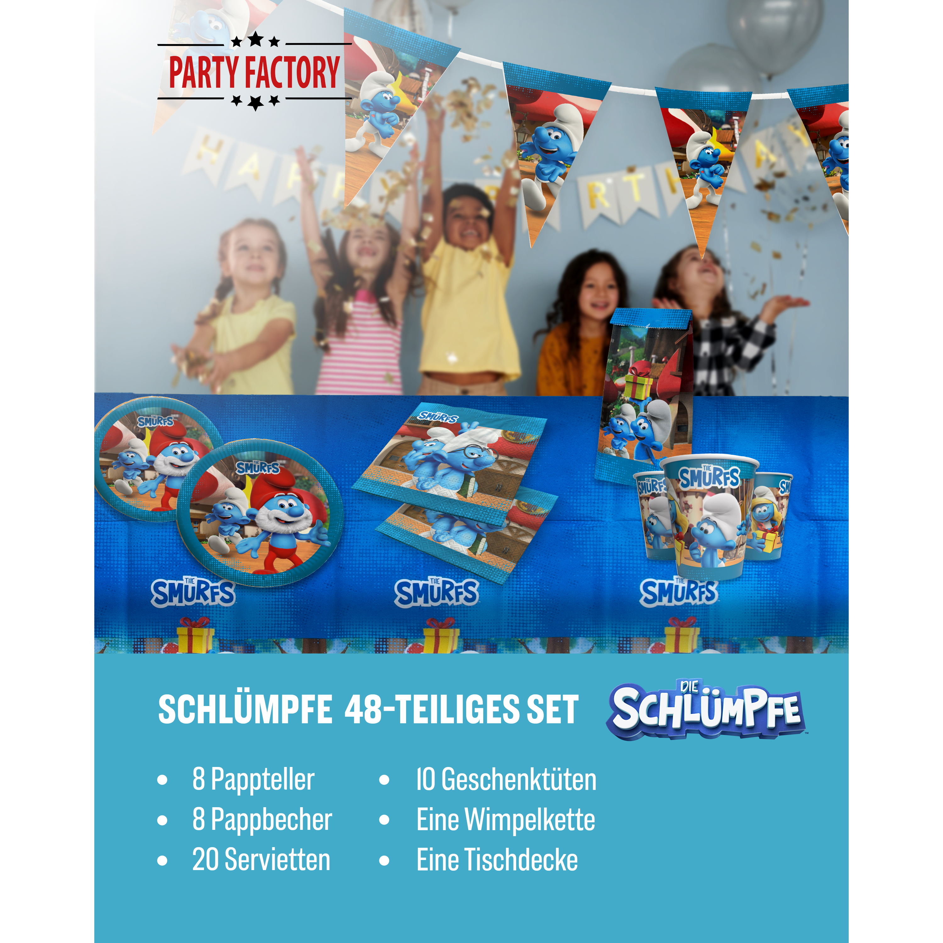 Die Schlümpfe 48-tlg. Party Set – Geburtstag Deko mit Bechern Tellern Tüten 2