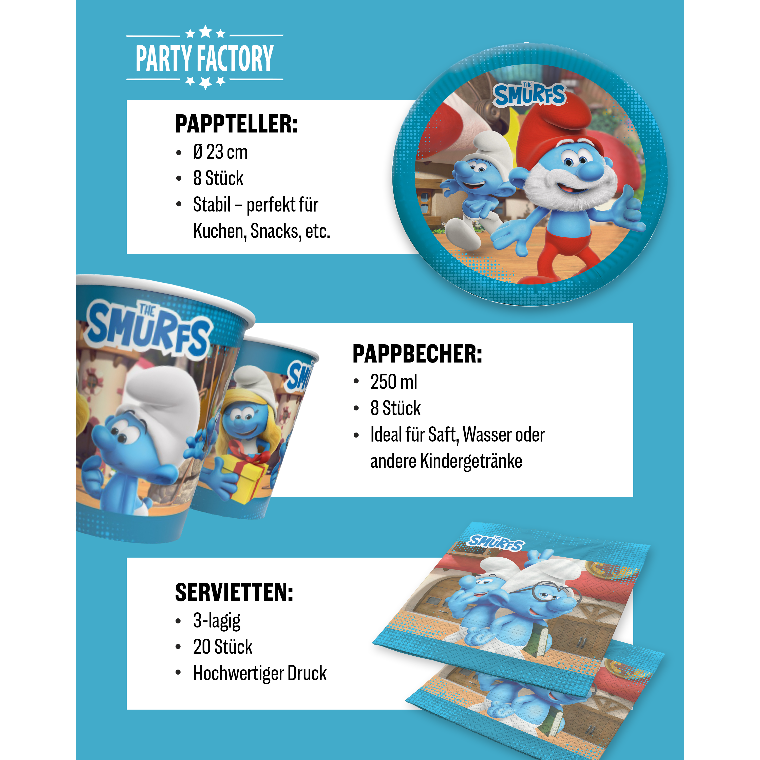 Die Schlümpfe 48-tlg. Party Set – Geburtstag Deko mit Bechern Tellern Tüten 4