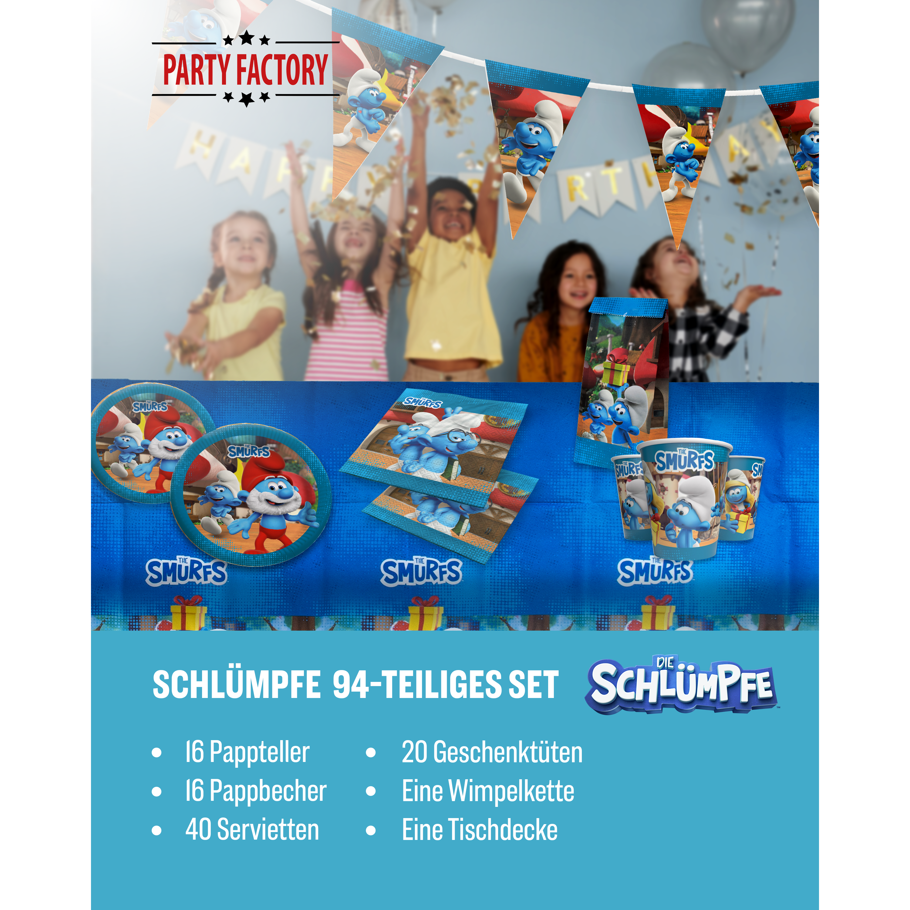 Die Schlümpfe 94-tlg. Party Set – Geburtstag Deko mit Bechern Tellern Tüten 2