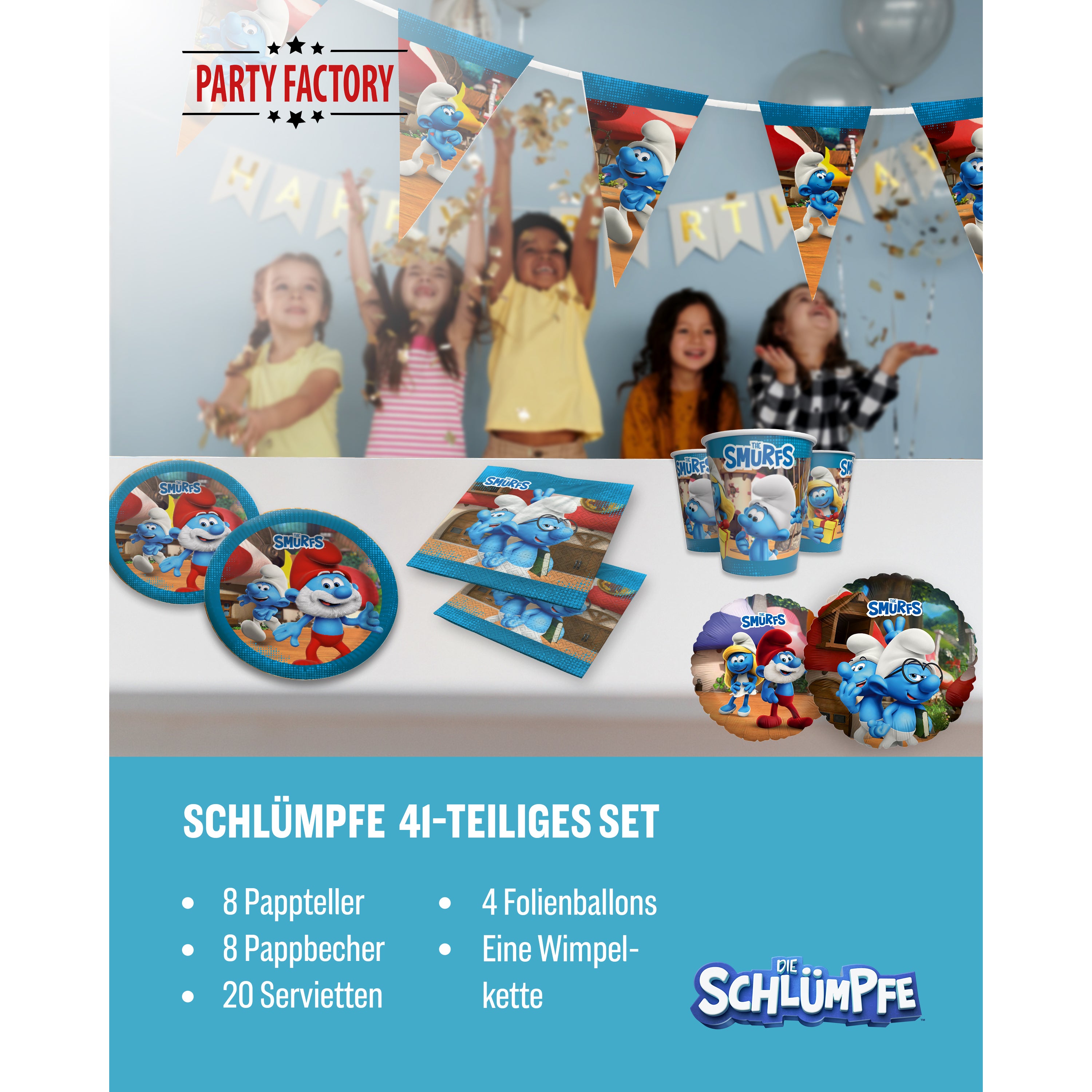 Die Schlümpfe 41-tlg. Party Set – Deko mit Ballons Wimpel Servietten 2