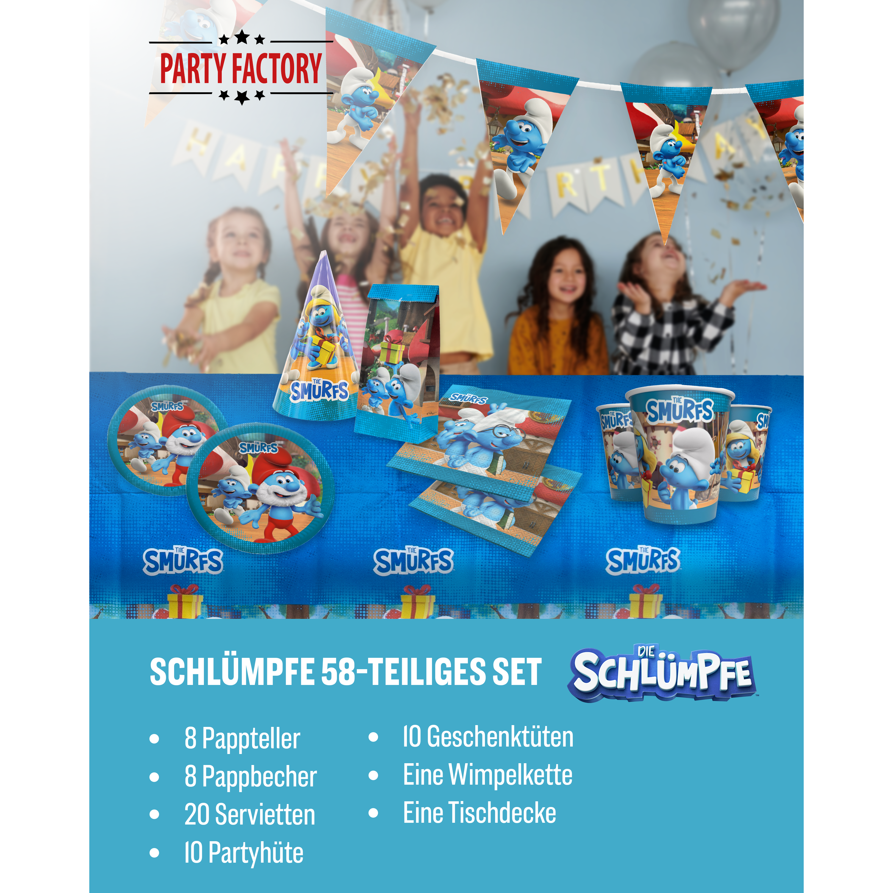 Die Schlümpfe 58-tlg. Party Set – Geburtstag Deko mit Hüten Tüten Wimpel 2