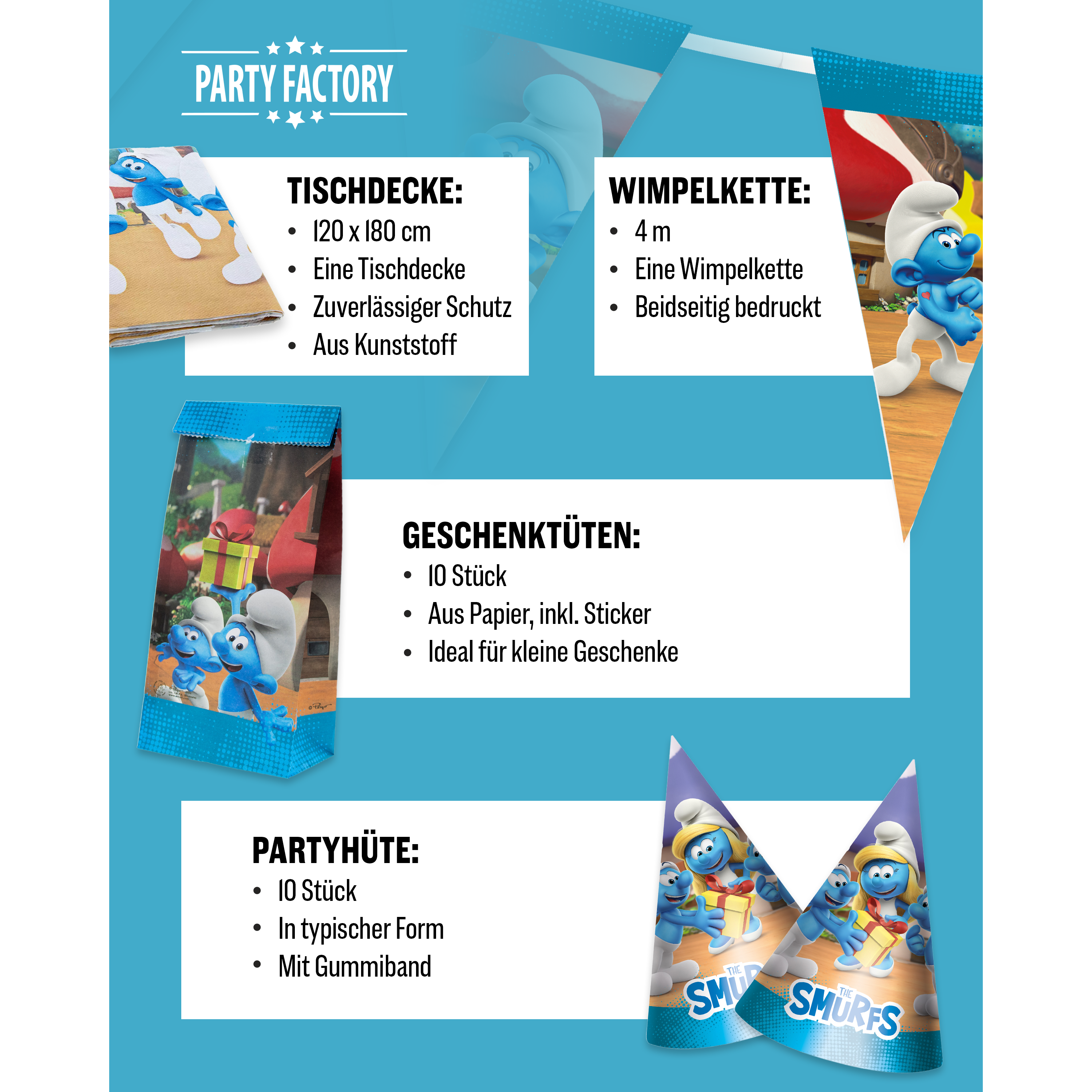 Die Schlümpfe 58-tlg. Party Set – Geburtstag Deko mit Hüten Tüten Wimpel 5
