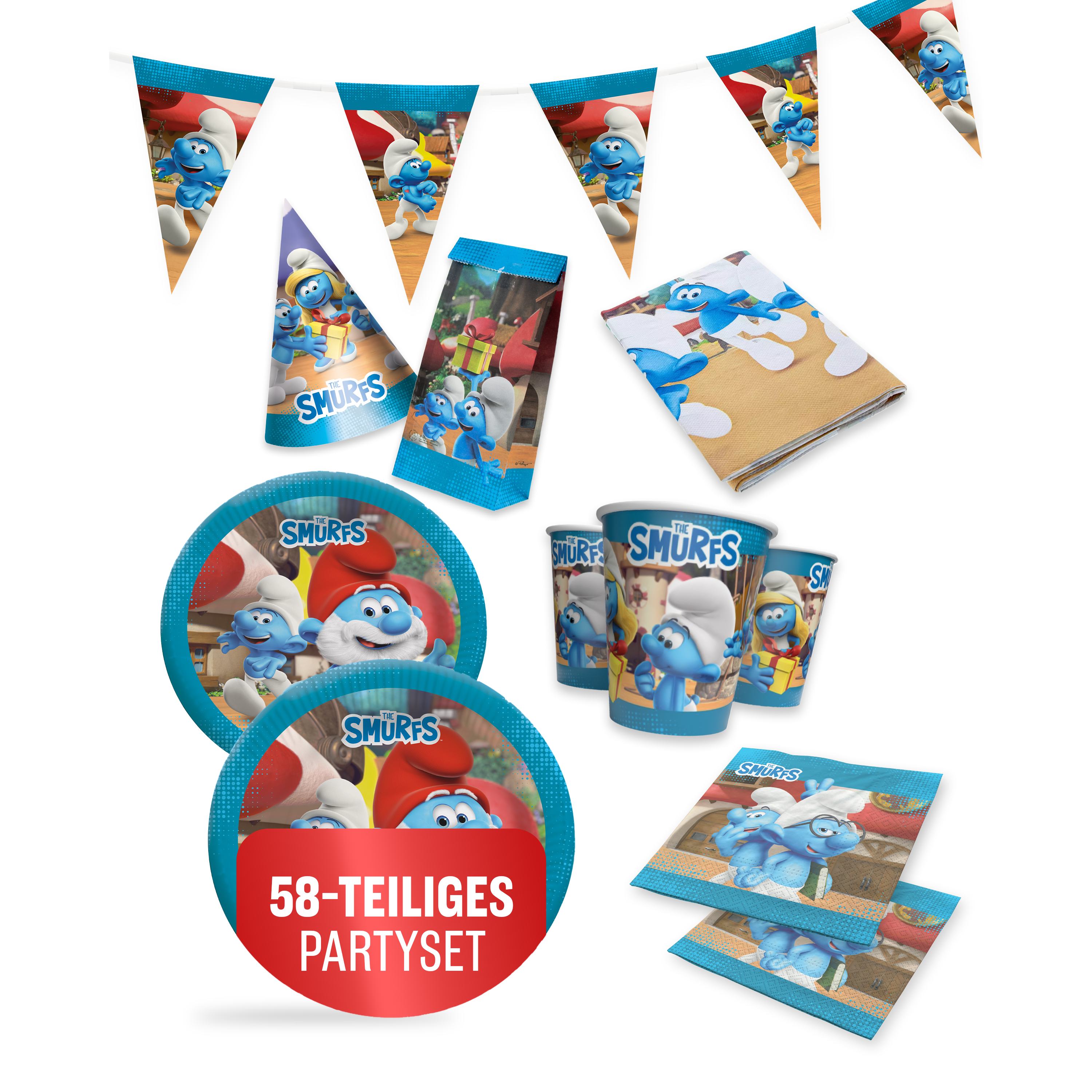 Die Schlümpfe 58-tlg. Party Set – Geburtstag Deko mit Hüten Tüten Wimpel