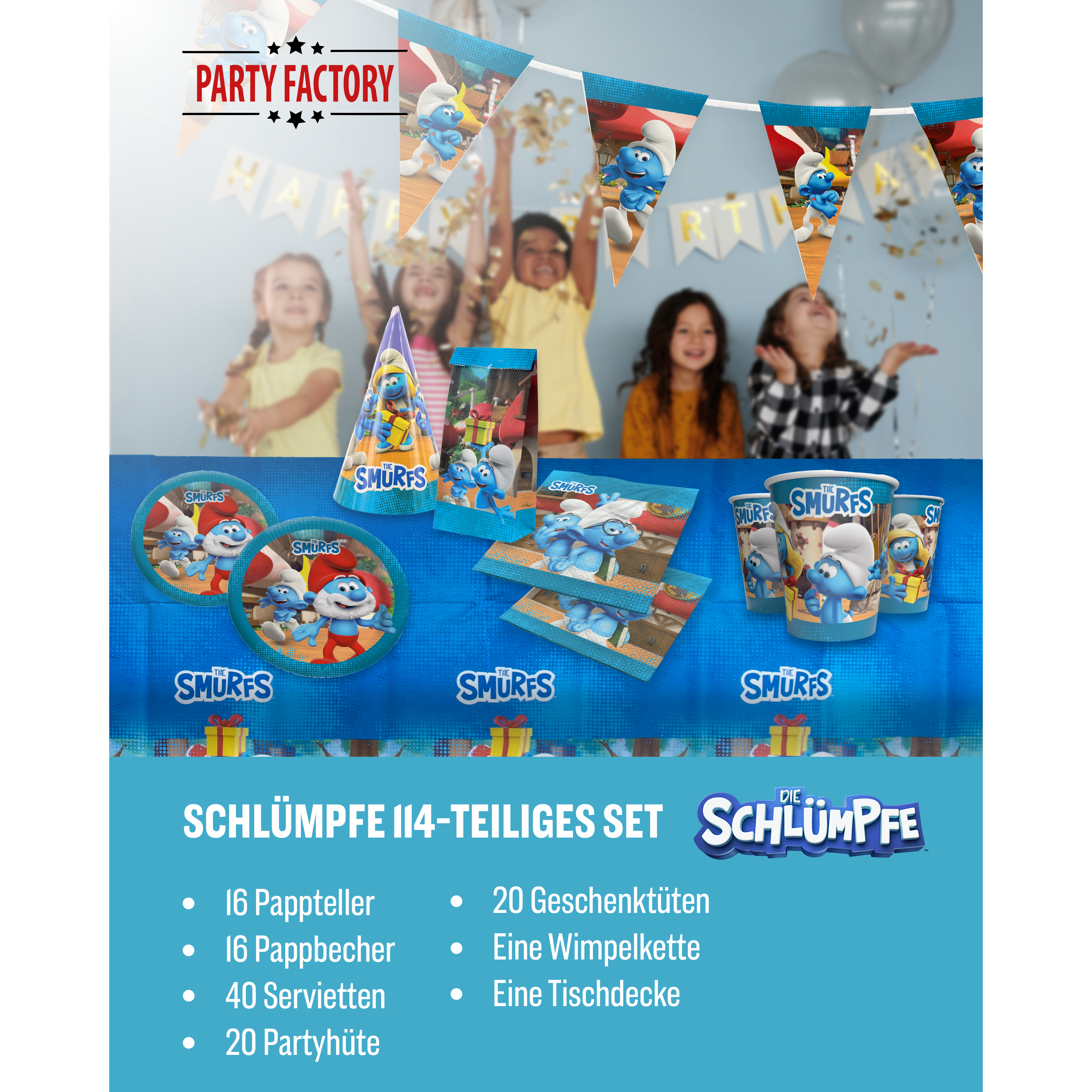 Die Schlümpfe 114-tlg. Party Set – Geburtstag Deko mit Hüten Tüten Wimpel 2
