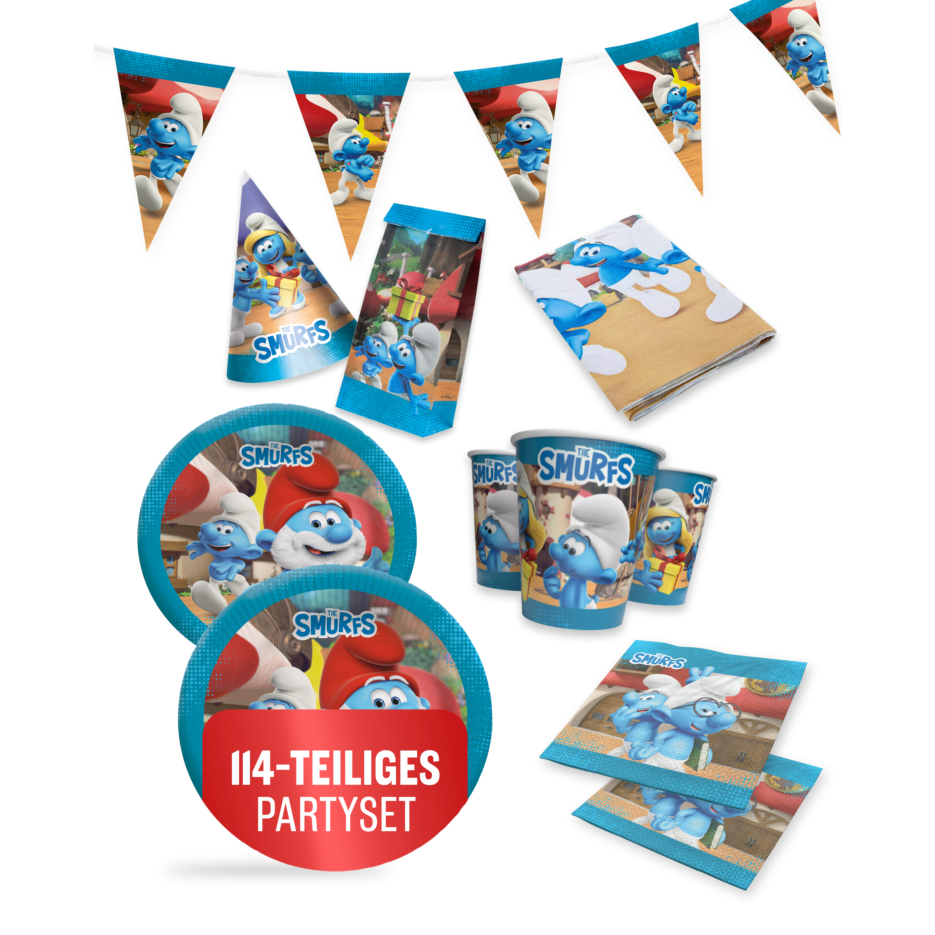 Die Schlümpfe 114-tlg. Party Set – Geburtstag Deko mit Hüten Tüten Wimpel