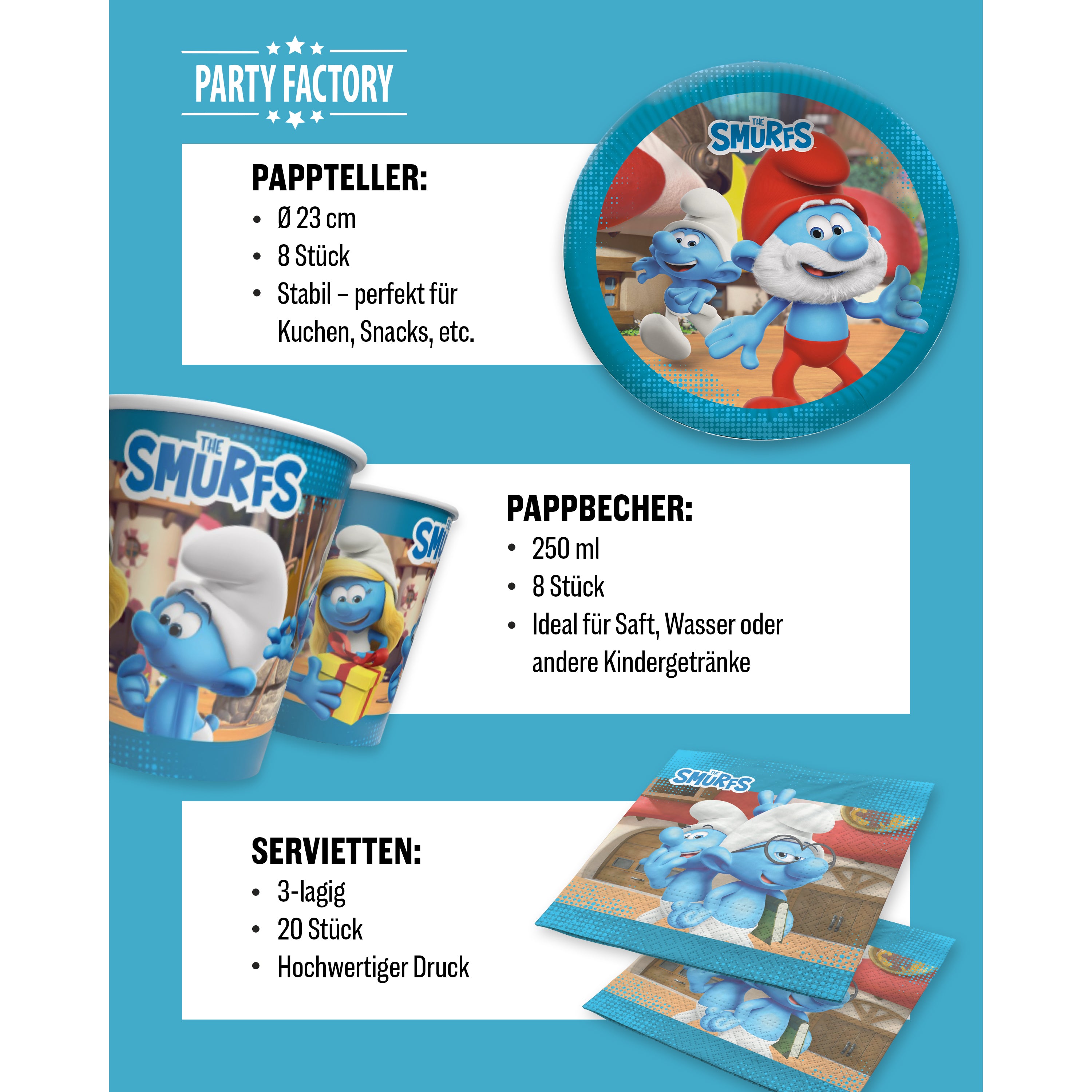 Die Schlümpfe 36-tlg. Party Set – Deko mit Bechern Tellern Servietten 4