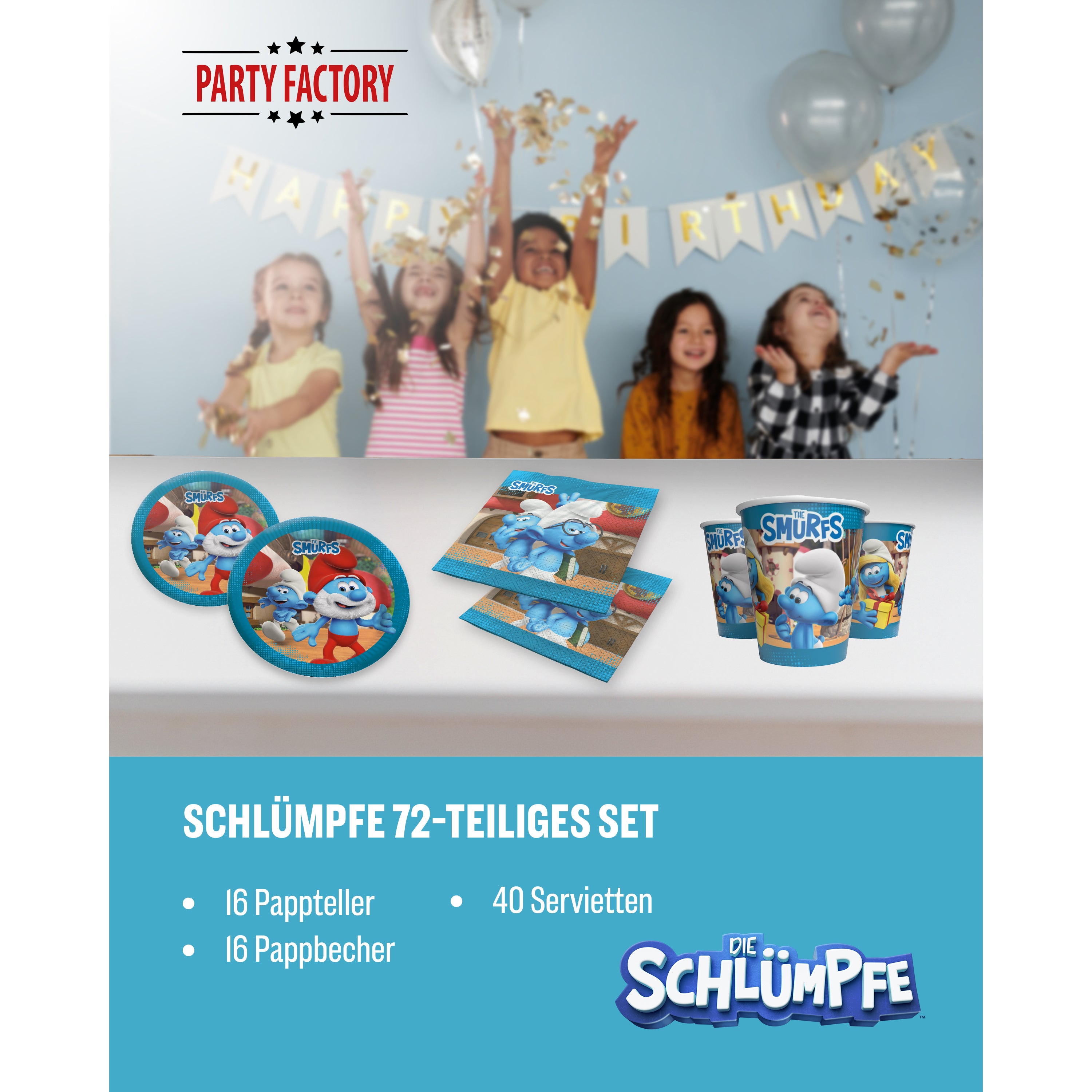 Die Schlümpfe 72-tlg. Party Set – Deko mit Bechern Tellern Servietten 2
