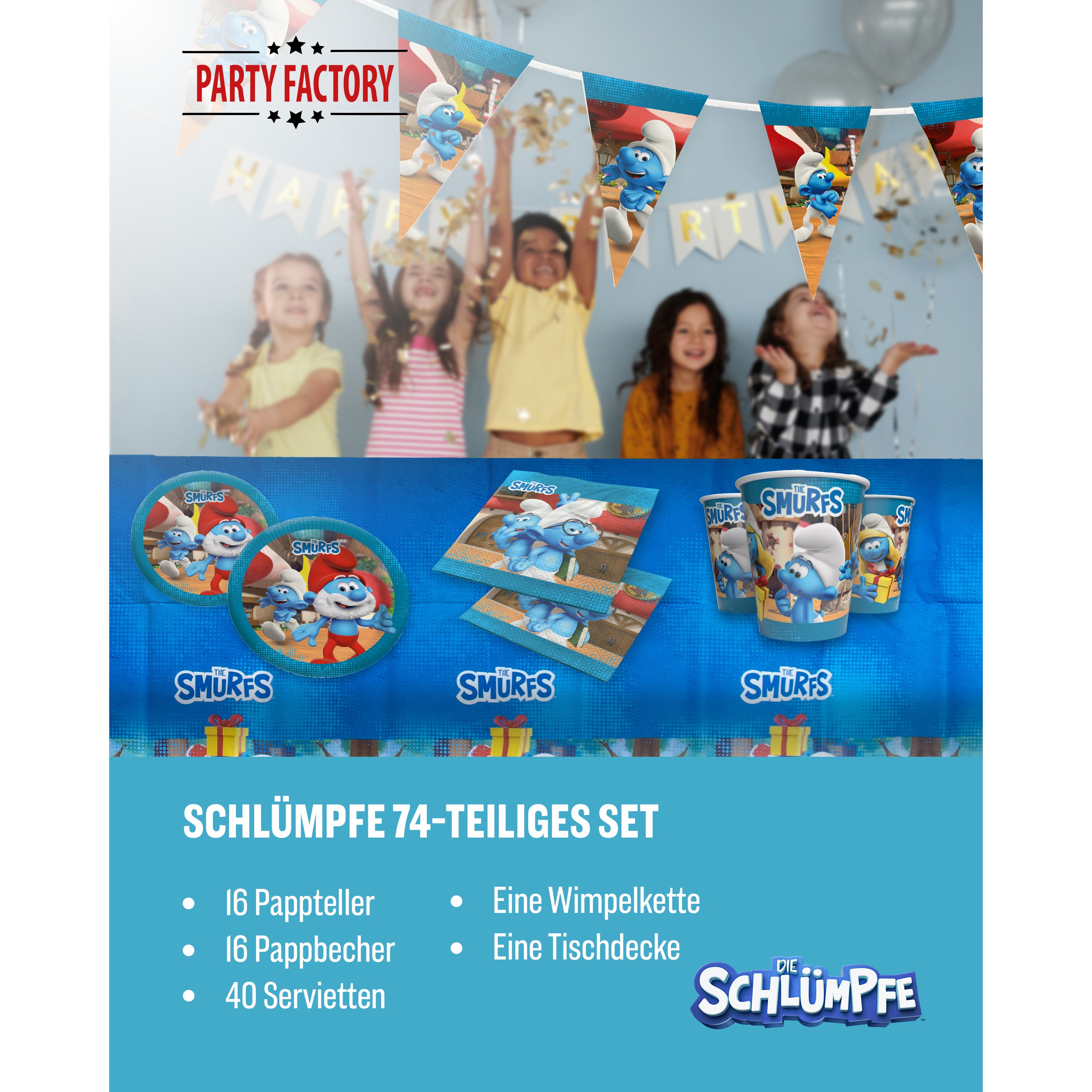 Die Schlümpfe 74-tlg. Party Set – Deko mit Wimpel Tischdecke Servietten 2