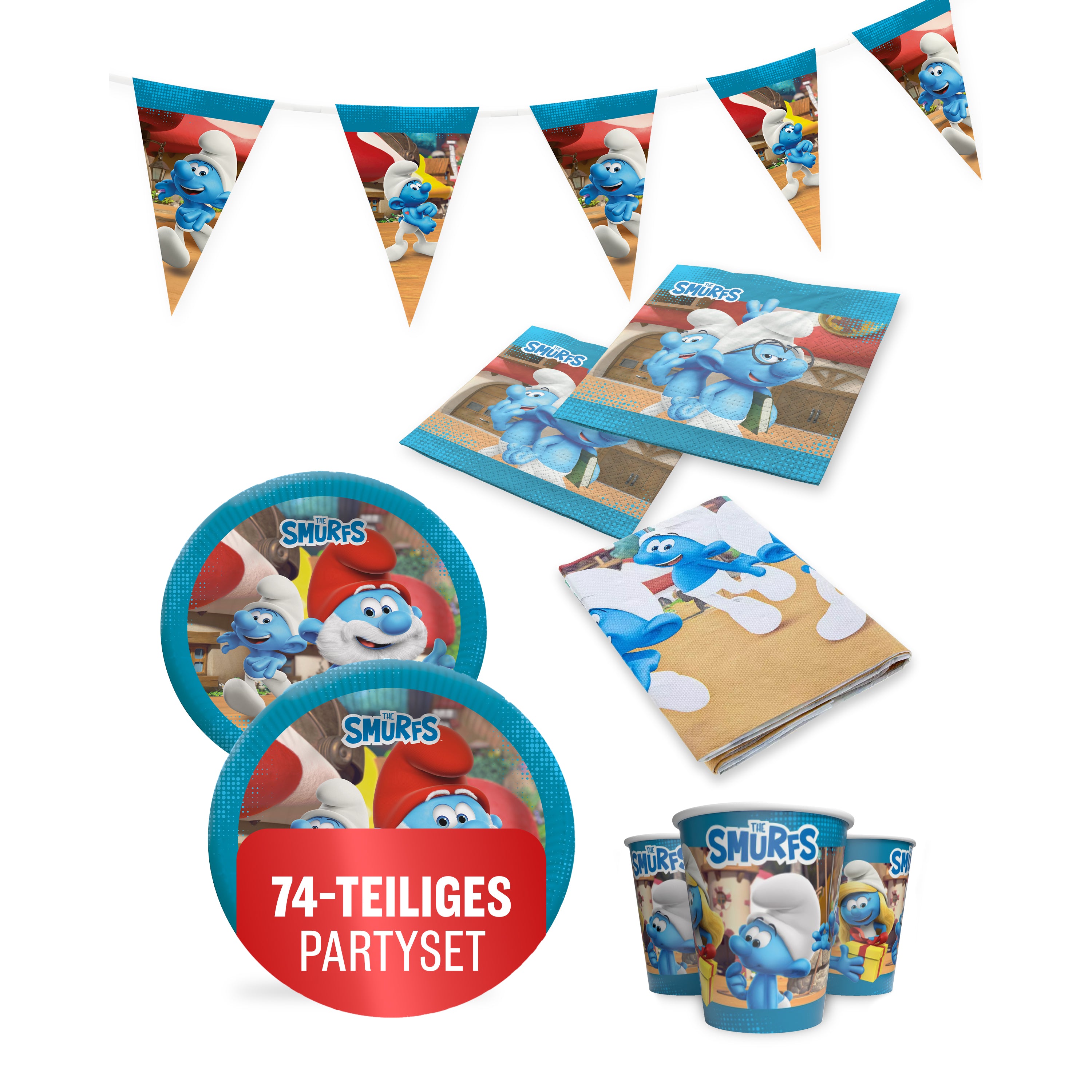 Die Schlümpfe 74-tlg. Party Set – Deko mit Wimpel Tischdecke Servietten