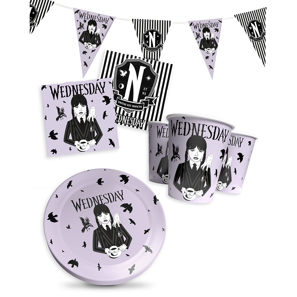 Wednesday Partyset 37-tlg – 8 Becher, 8 Teller, 20 Servietten, 1 Wimpel