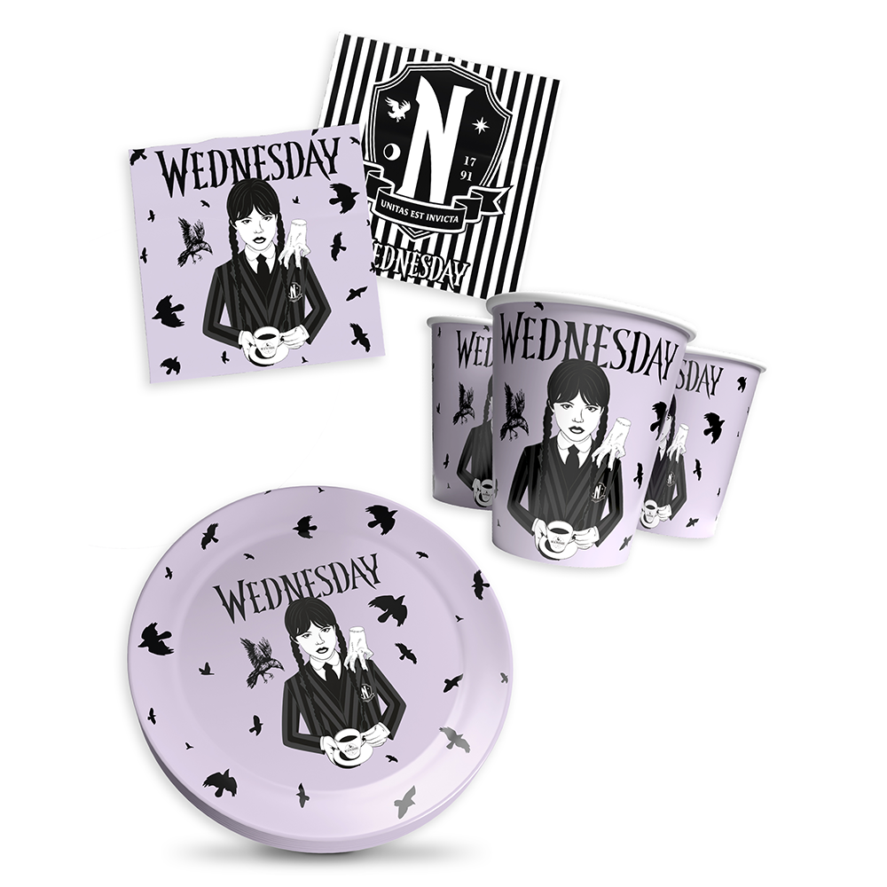 Wednesday Partyset 36-tlg – 8 Becher, 8 Teller & 20 Servietten im Gothic Design