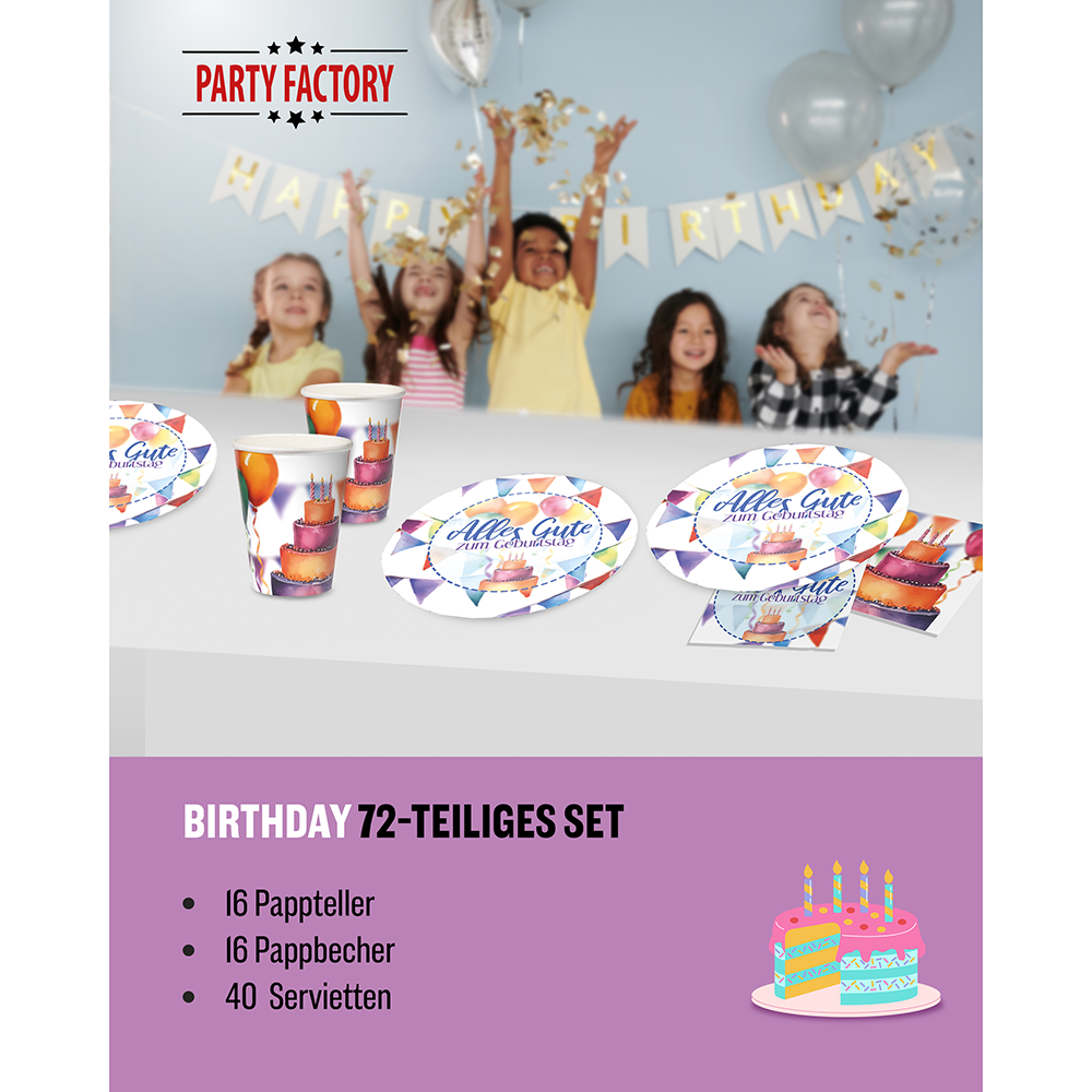 Happy Birthday Watercolor 3-teiliges Party-Set mit 16 Papptellern, 16 Pappbechern und 40 Servietten 2