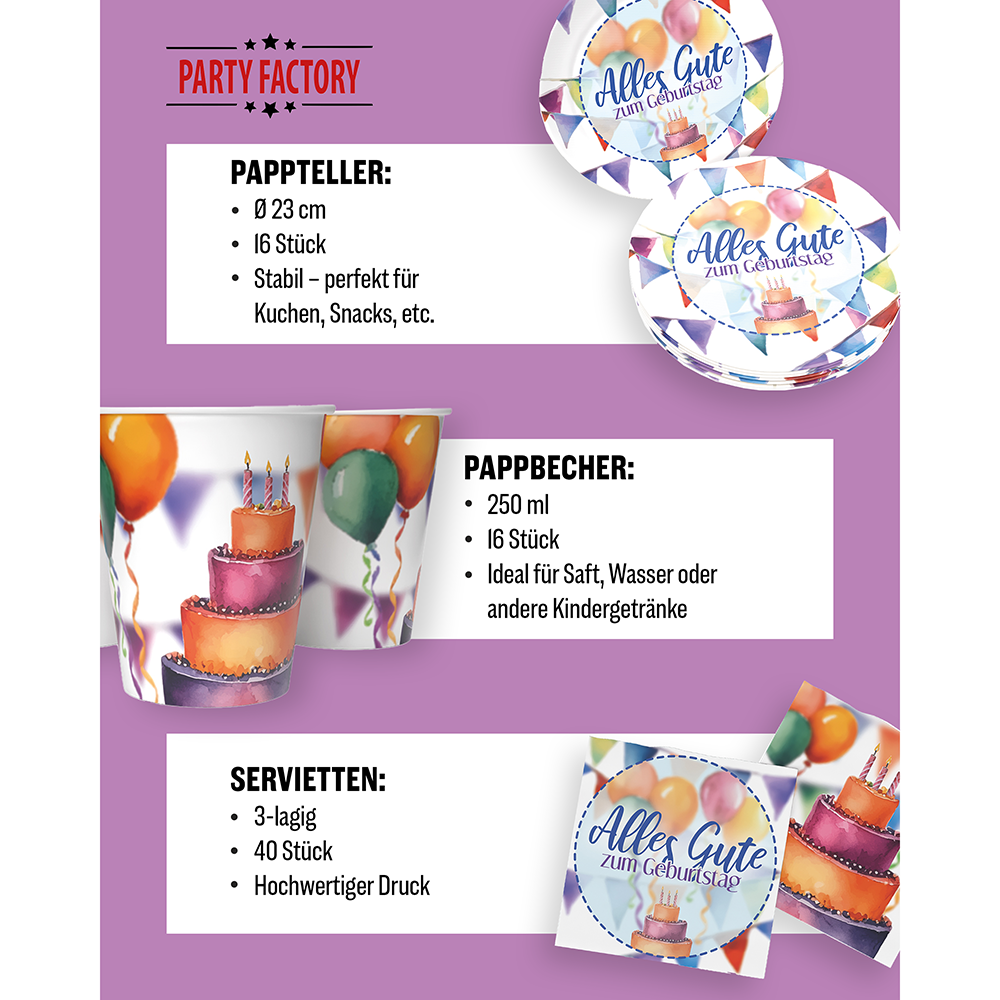 Happy Birthday Watercolor 3-teiliges Party-Set mit 16 Papptellern, 16 Pappbechern und 40 Servietten 4