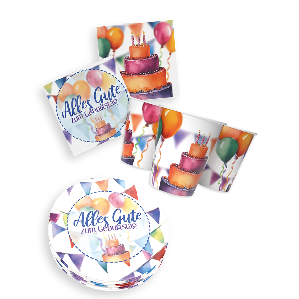 Happy Birthday Watercolor 3-teiliges Party-Set mit 16 Papptellern, 16 Pappbechern und 40 Servietten 7