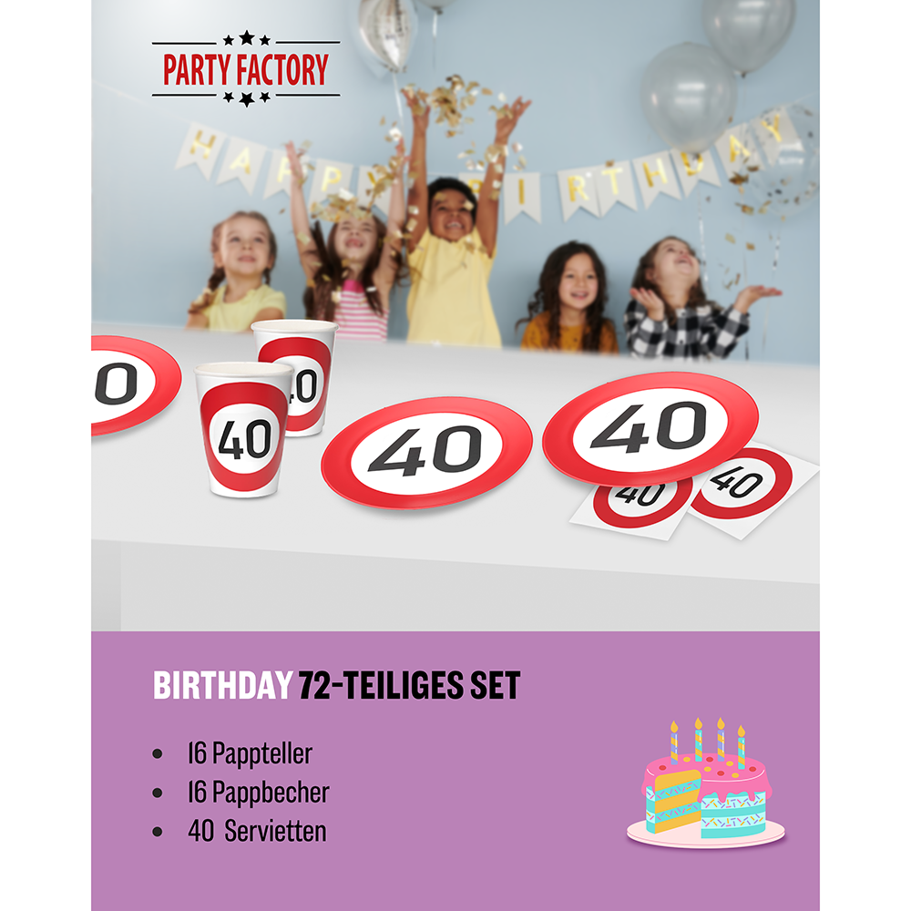 Happy Birthday 40 3-teiliges Party-Set mit 16 Papptellern, 16 Pappbechern und 40 Servietten 2