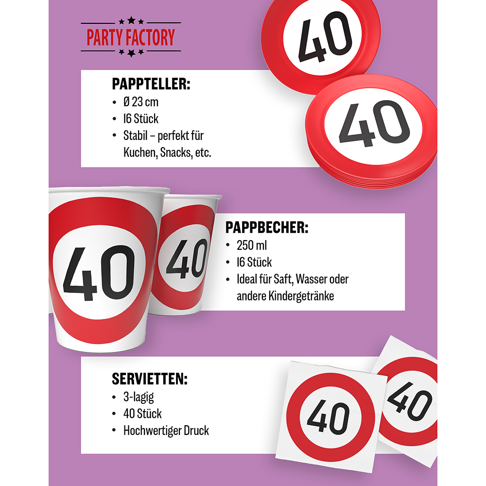 Happy Birthday 40 3-teiliges Party-Set mit 16 Papptellern, 16 Pappbechern und 40 Servietten 4