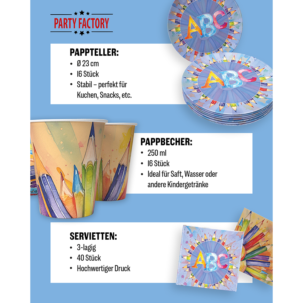 Back to School Neutral 3-teiliges Party-Set mit 16 Papptellern, 16 Pappbechern und 40 Servietten 4