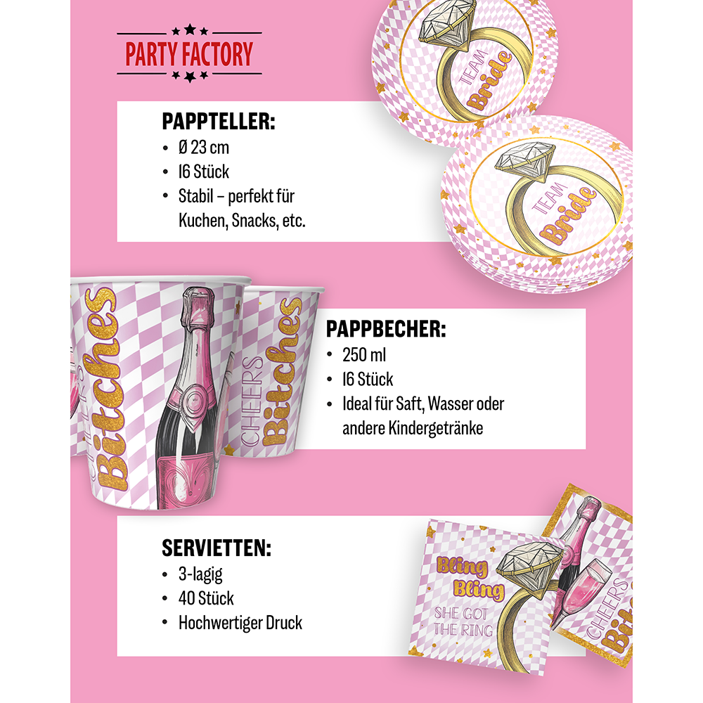 Bachelorette Bling Bling 3-teiliges Party-Set mit 16 Papptellern, 16 Pappbechern und 40 Servietten 4