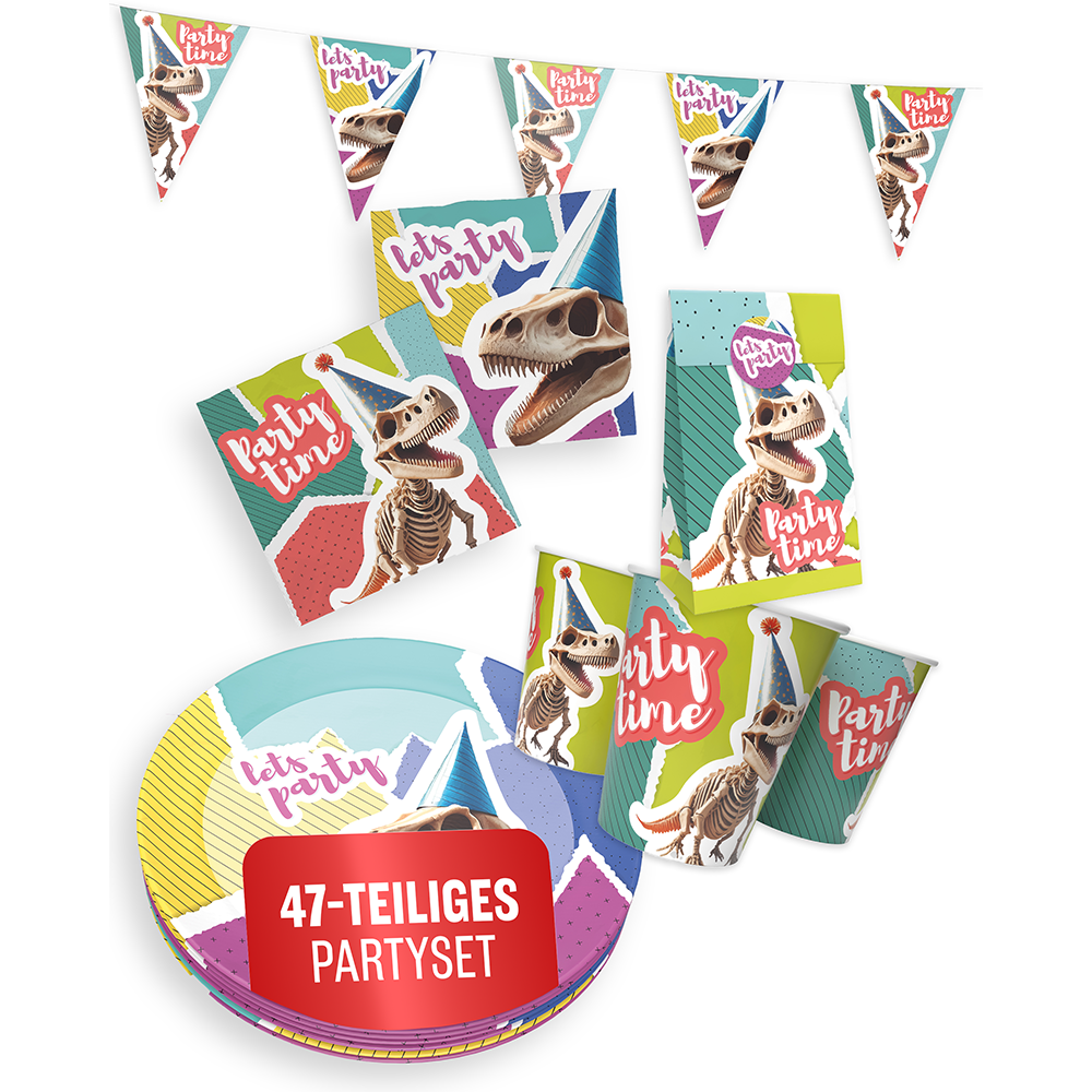 Dino Skelett 5-teiliges Party-Set mit 8 Papptellern, 8 Pappbechern, 20 Servietten, 1 Wimpelkette und 10 Geschenktüten