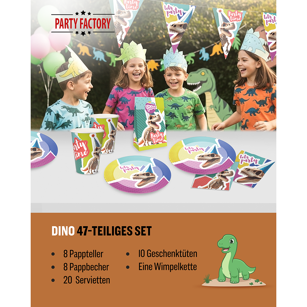 Dino Skelett 5-teiliges Party-Set mit 8 Papptellern, 8 Pappbechern, 20 Servietten, 1 Wimpelkette und 10 Geschenktüten 2