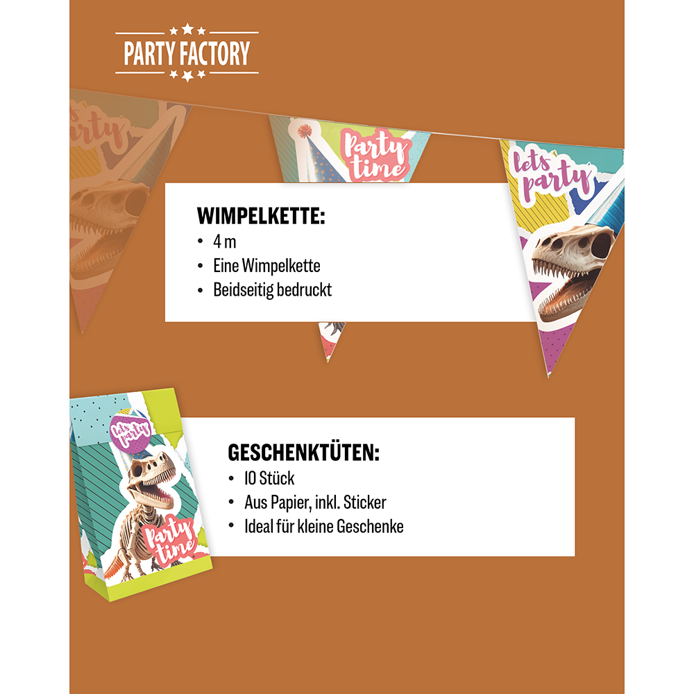 Dino Skelett 5-teiliges Party-Set mit 8 Papptellern, 8 Pappbechern, 20 Servietten, 1 Wimpelkette und 10 Geschenktüten 5
