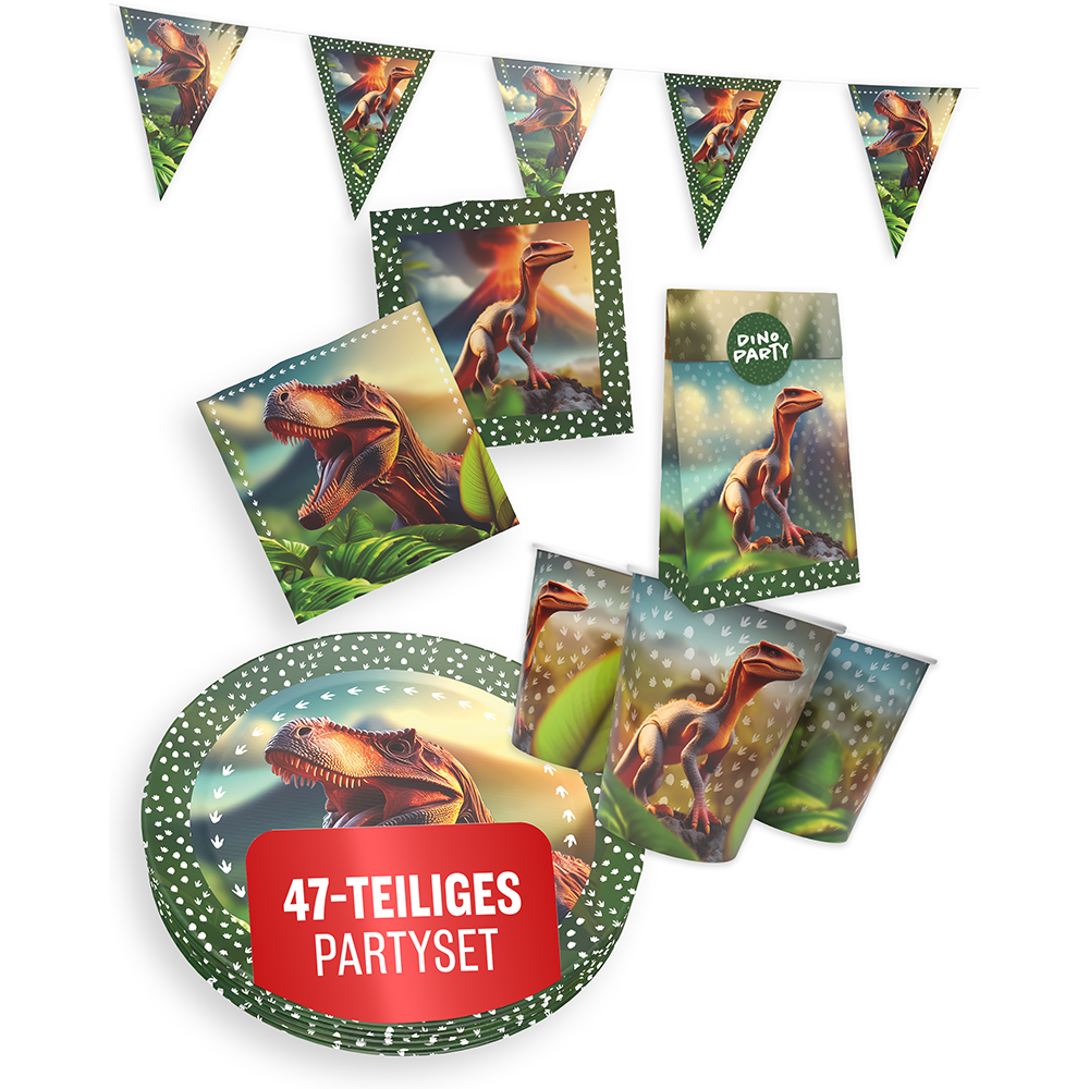 Dino Realistisch 5-teiliges Party-Set mit 8 Papptellern, 8 Pappbechern, 20 Servietten, 1 Wimpelkette und 10 Geschenktüten