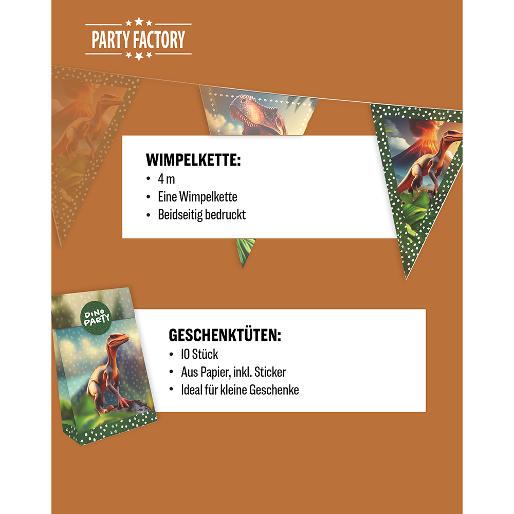 Dino Realistisch 5-teiliges Party-Set mit 8 Papptellern, 8 Pappbechern, 20 Servietten, 1 Wimpelkette und 10 Geschenktüten 5