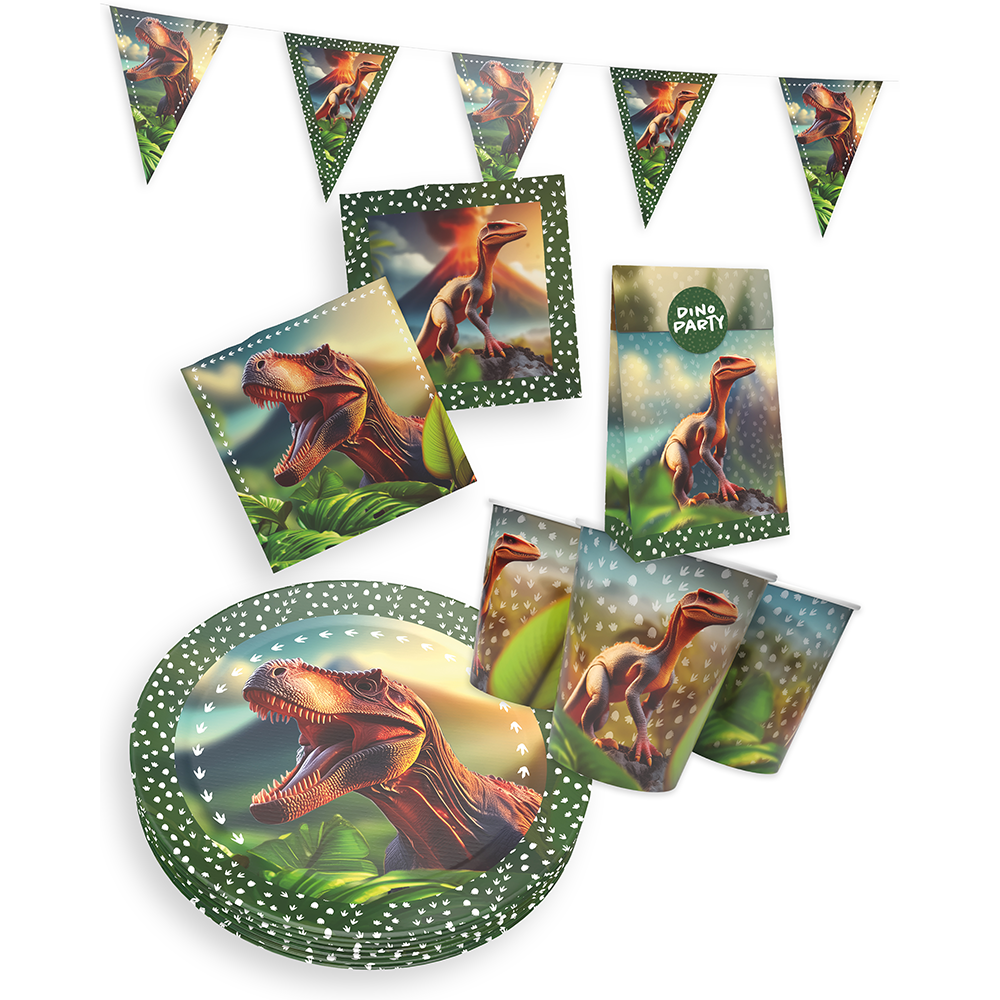 Dino Realistisch 5-teiliges Party-Set mit 8 Papptellern, 8 Pappbechern, 20 Servietten, 1 Wimpelkette und 10 Geschenktüten 8