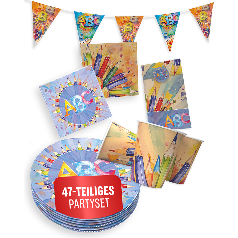 Back to School Neutral 5-teiliges Party-Set mit 8 Papptellern, 8 Pappbechern, 20 Servietten, 1 Wimpelkette und 10 Geschenktüten