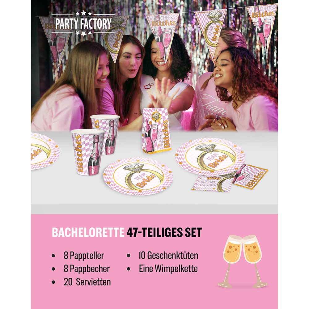 Bachelorette Bling Bling 5-teiliges Party-Set mit 8 Papptellern, 8 Pappbechern, 20 Servietten, 1 Wimpelkette und 10 Geschenktüten 2