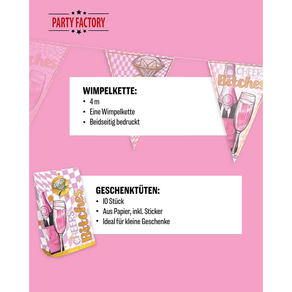 Bachelorette Bling Bling 5-teiliges Party-Set mit 8 Papptellern, 8 Pappbechern, 20 Servietten, 1 Wimpelkette und 10 Geschenktüten 5
