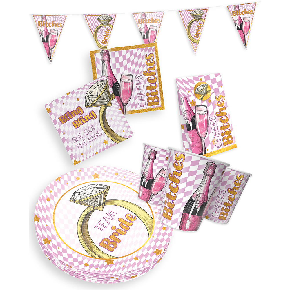 Bachelorette Bling Bling 5-teiliges Party-Set mit 8 Papptellern, 8 Pappbechern, 20 Servietten, 1 Wimpelkette und 10 Geschenktüten 8