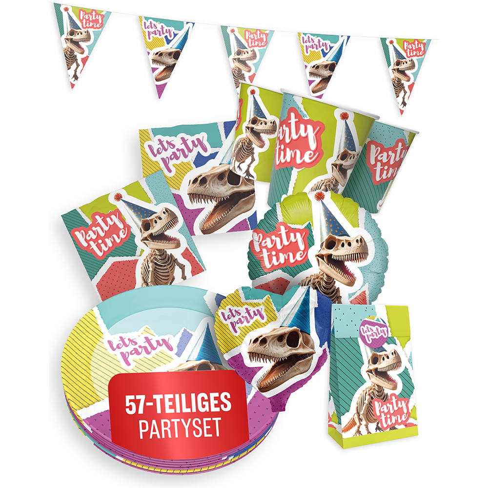 Dino Skelett, 6-teiliges Partyset, 8 Pappteller, 8 Pappbecher, 20 Servietten, 1 Wimpelkette, 10 Geschenktüten, 10 Folienballons