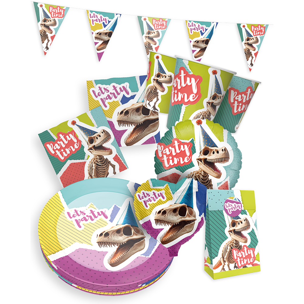 Dino Skelett, 6-teiliges Partyset, 8 Pappteller, 8 Pappbecher, 20 Servietten, 1 Wimpelkette, 10 Geschenktüten, 10 Folienballons 8