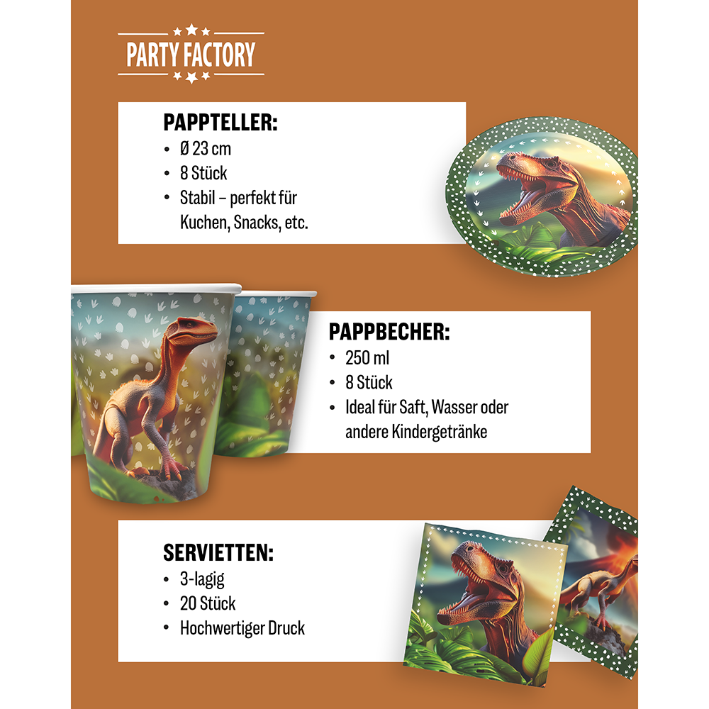 Dino Realistisch, 6-teiliges Partyset, 8 Pappteller, 8 Pappbecher, 20 Servietten, 1 Wimpelkette, 10 Geschenktüten, 10 Folienballons 4