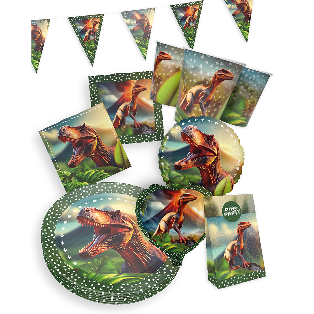 Dino Realistisch, 6-teiliges Partyset, 8 Pappteller, 8 Pappbecher, 20 Servietten, 1 Wimpelkette, 10 Geschenktüten, 10 Folienballons 8