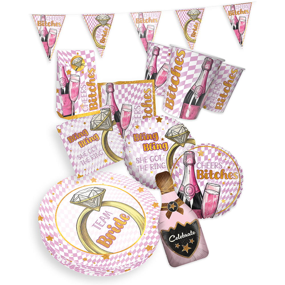 Bachelorette Bling Bling, 6-teiliges Partyset, 8 Pappteller, 8 Pappbecher, 20 Servietten, 1 Wimpelkette, 10 Geschenktüten, 10 Folienballons 8