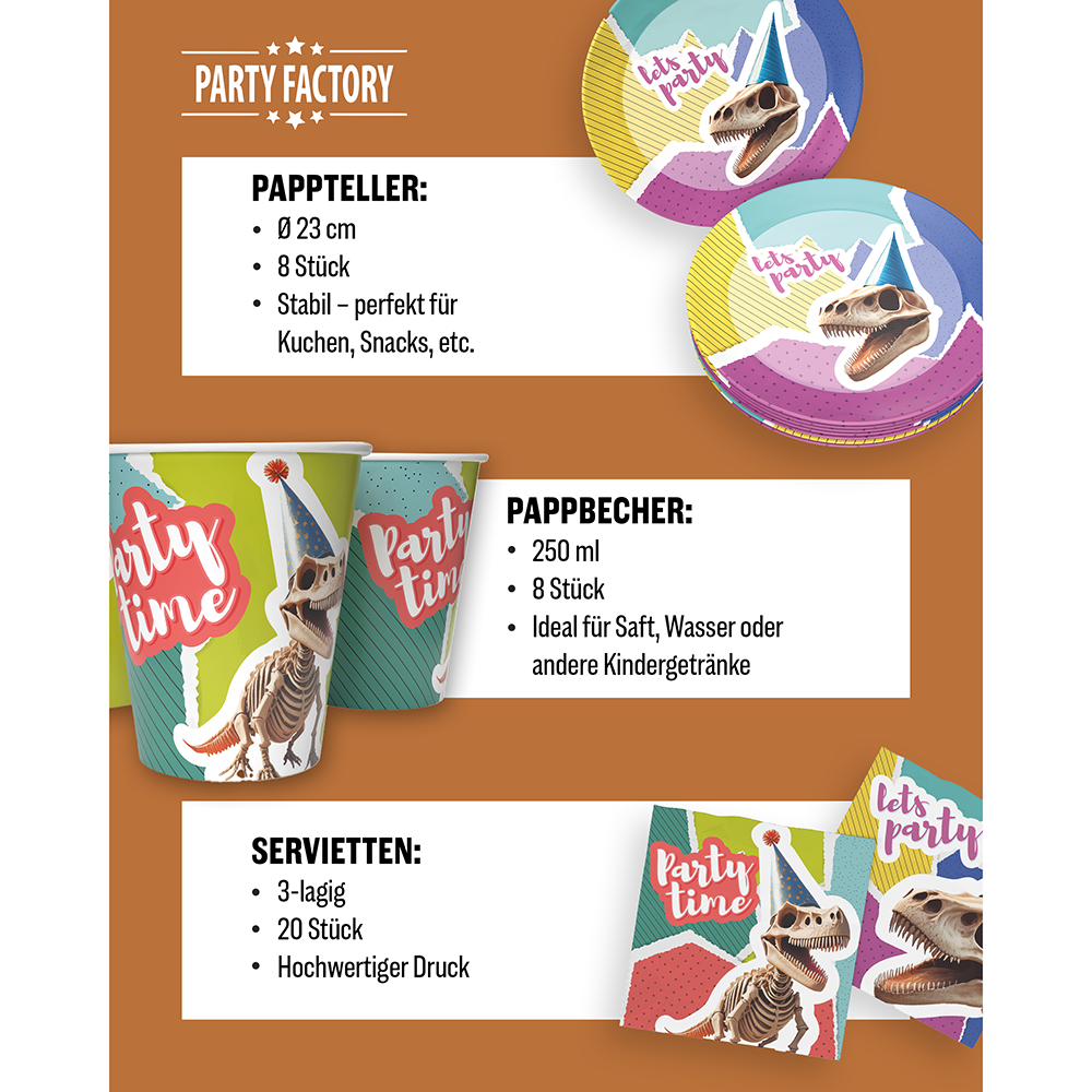 Dino Skelett, 6-teiliges Partyset, 8 Pappteller, 8 Pappbecher, 20 Servietten, 1 Wimpelkette, 10 Geschenktüten, 4 Folienballons 4