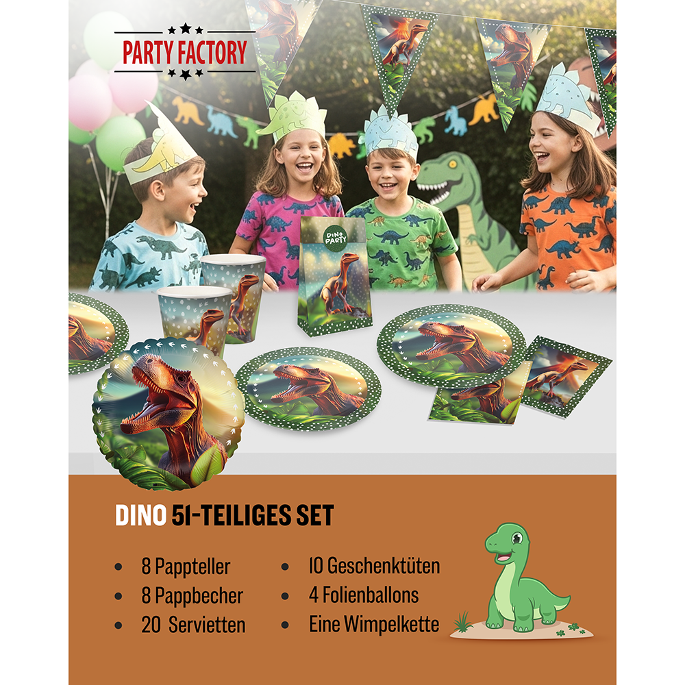 Dino Realistisch, 6-teiliges Partyset, 8 Pappteller, 8 Pappbecher, 20 Servietten, 1 Wimpelkette, 10 Geschenktüten, 4 Folienballons 2