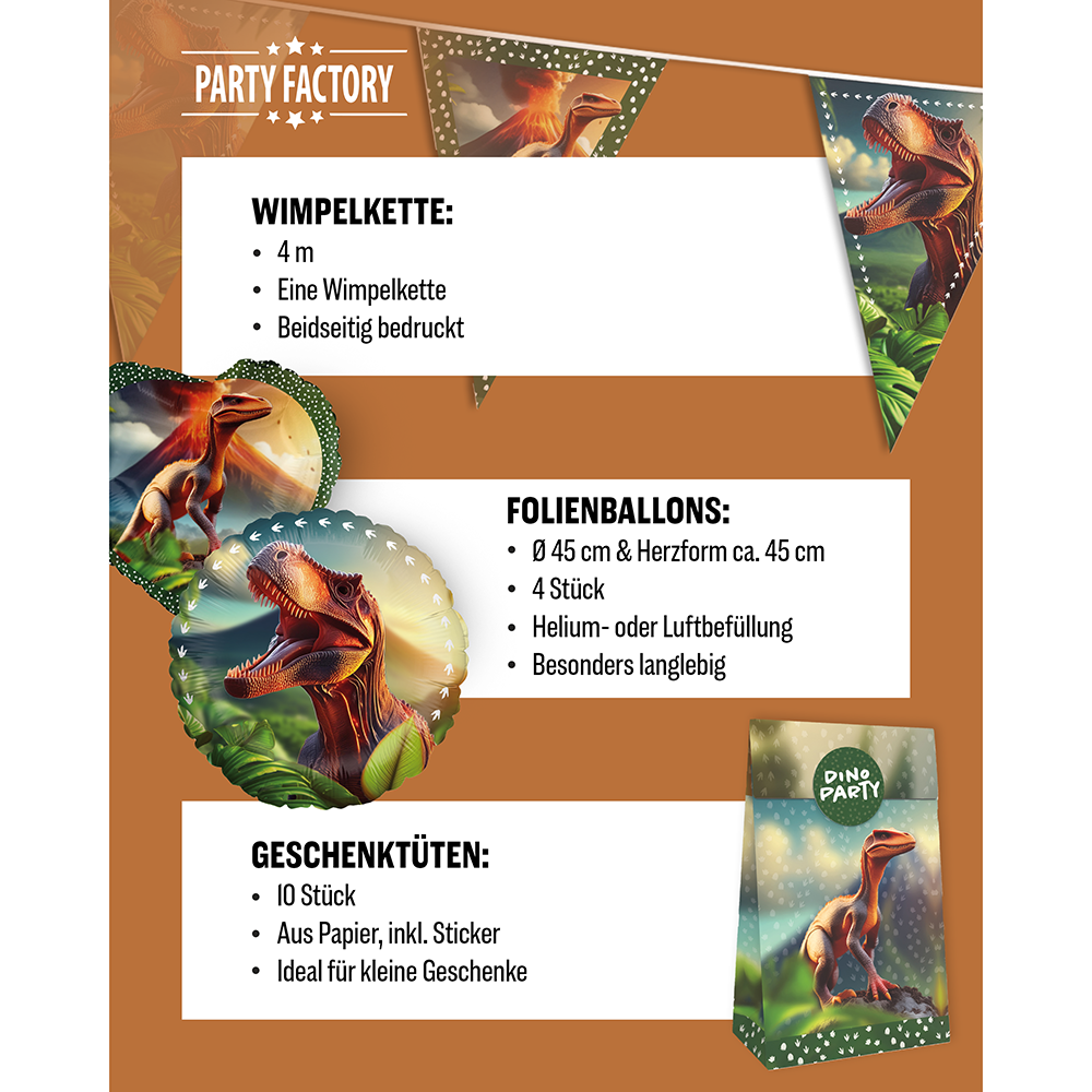 Dino Realistisch, 6-teiliges Partyset, 8 Pappteller, 8 Pappbecher, 20 Servietten, 1 Wimpelkette, 10 Geschenktüten, 4 Folienballons 5
