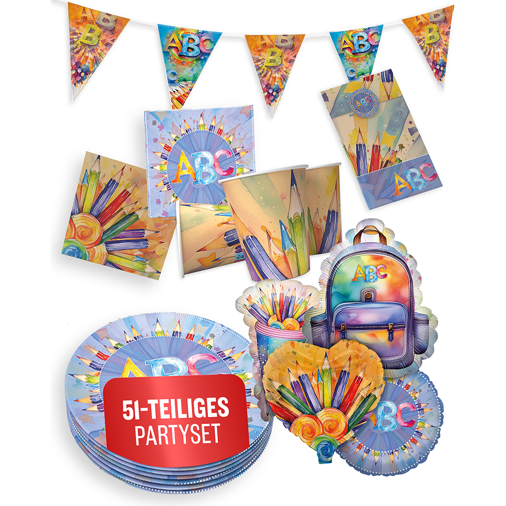 Back to School Neutral, 6-teiliges Partyset, 8 Pappteller, 8 Pappbecher, 20 Servietten, 1 Wimpelkette, 10 Geschenktüten, 4 Folienballons